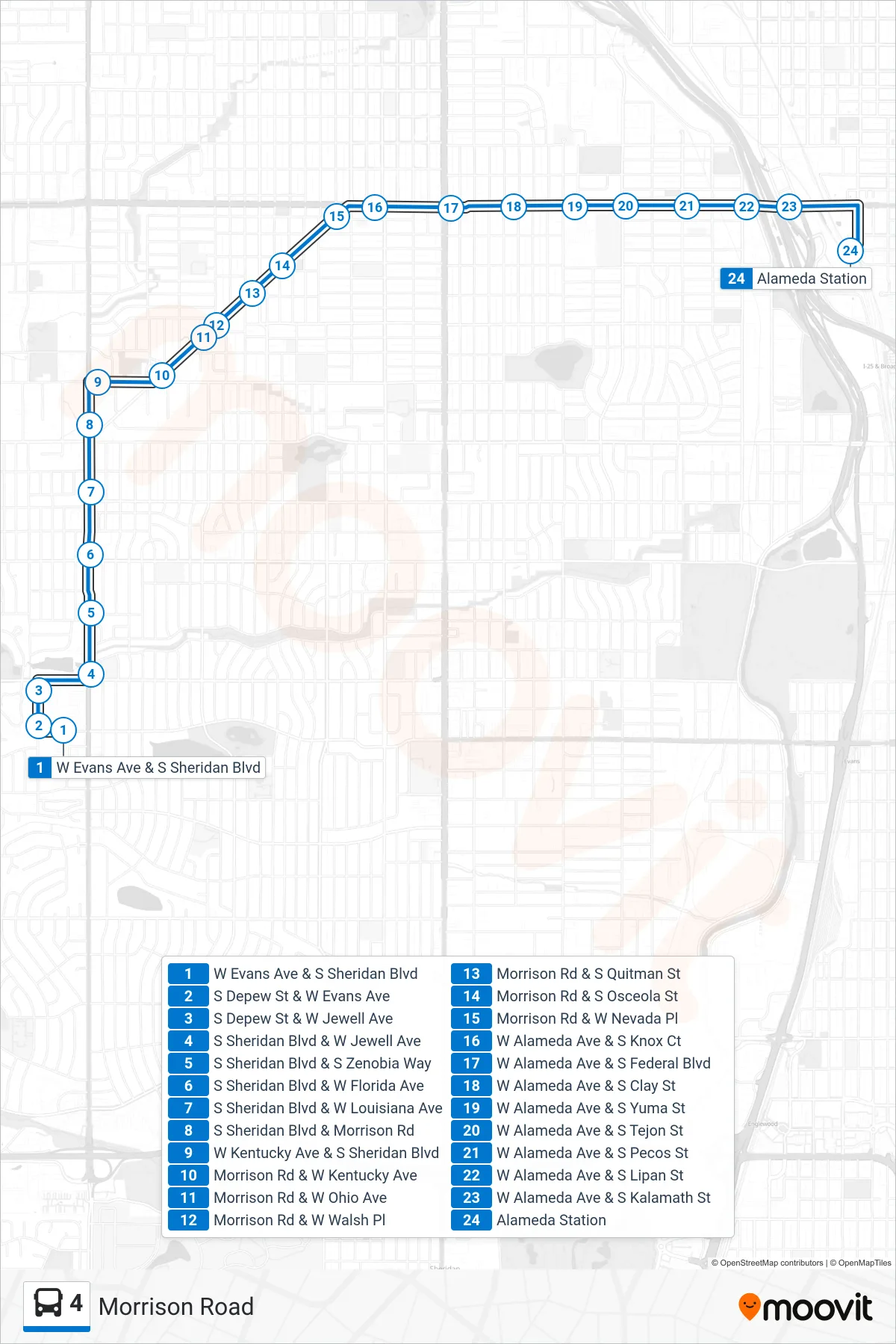 4 bus Line (Alameda Station) route and stops on a map