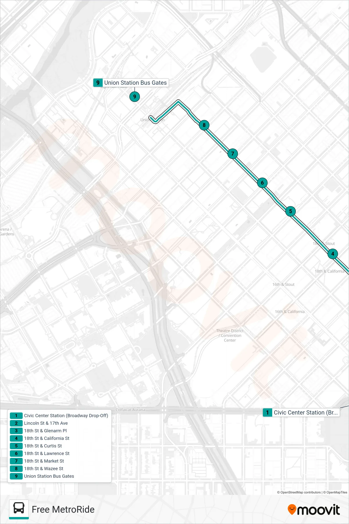 METRORIDE bus Line (Free Metroride Union Stn) route and stops on a map