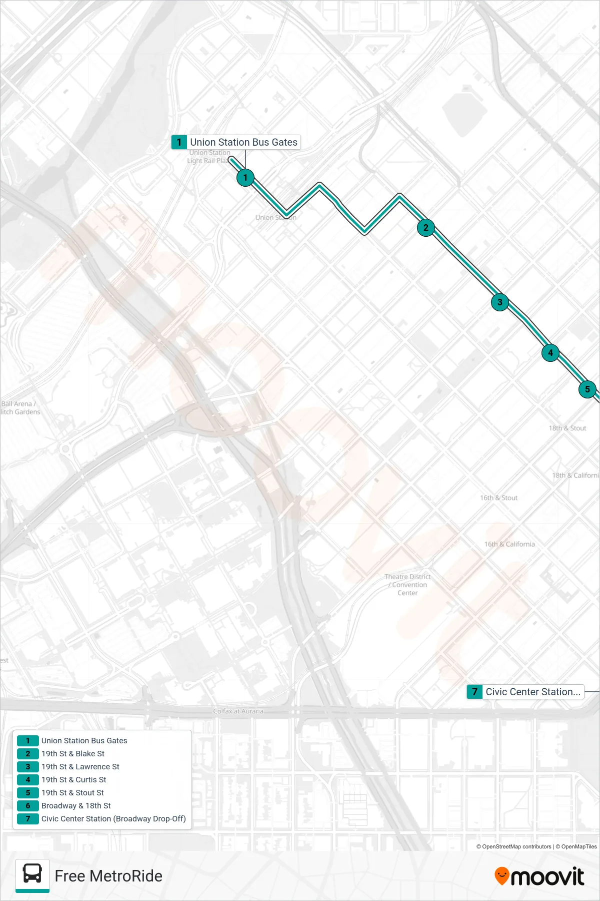 METRORIDE bus Line (Free Metroride Civic Center) route and stops on a map