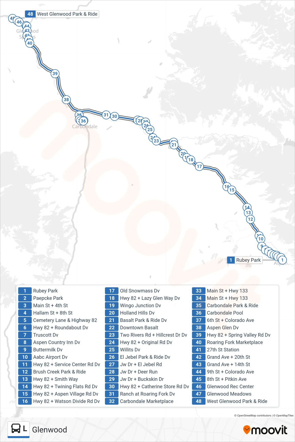 L bus Line (Glenwood) route and stops on a map