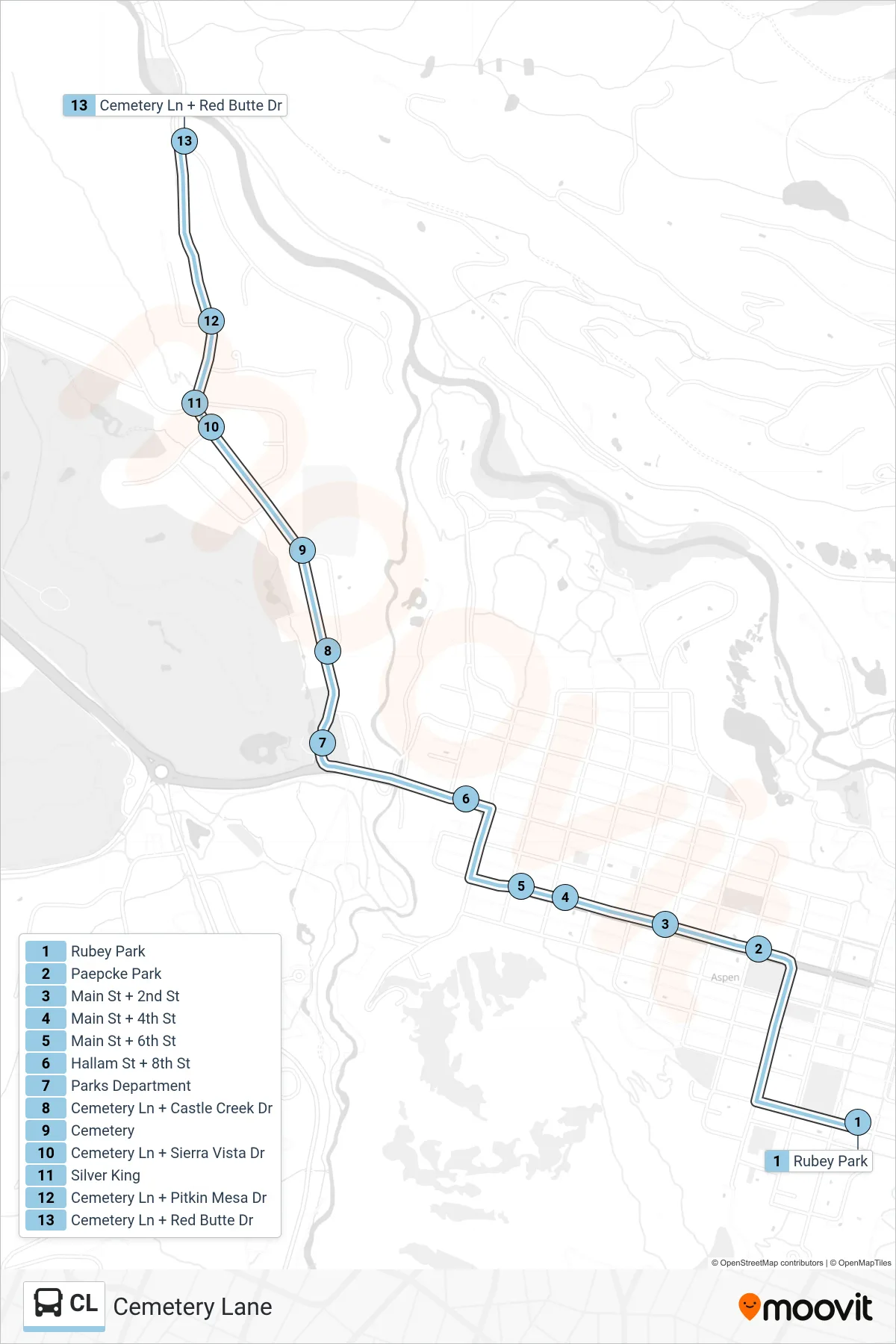 CL bus Line (Cemetery Lane) route and stops on a map