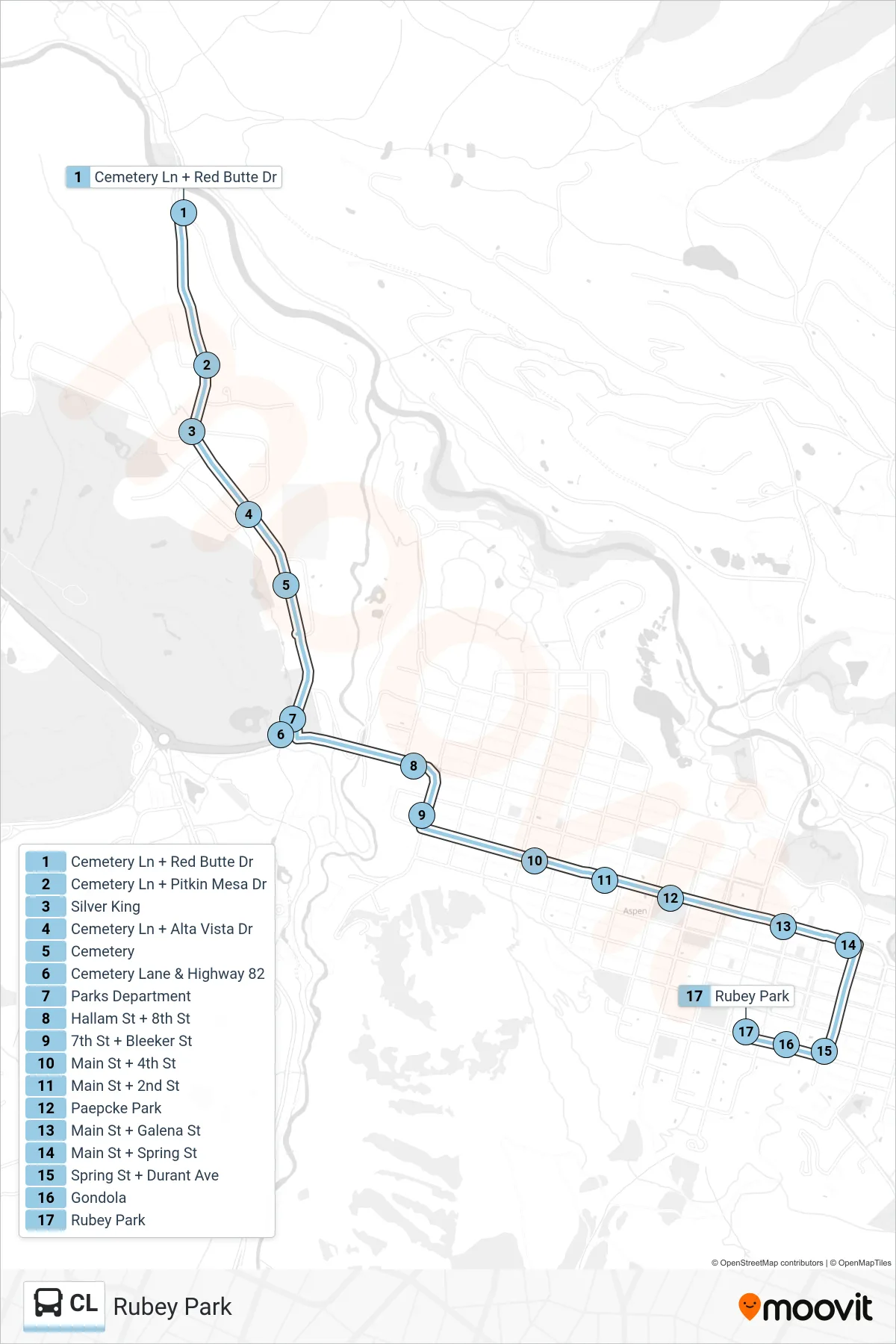 CL bus Line (Rubey Park) route and stops on a map