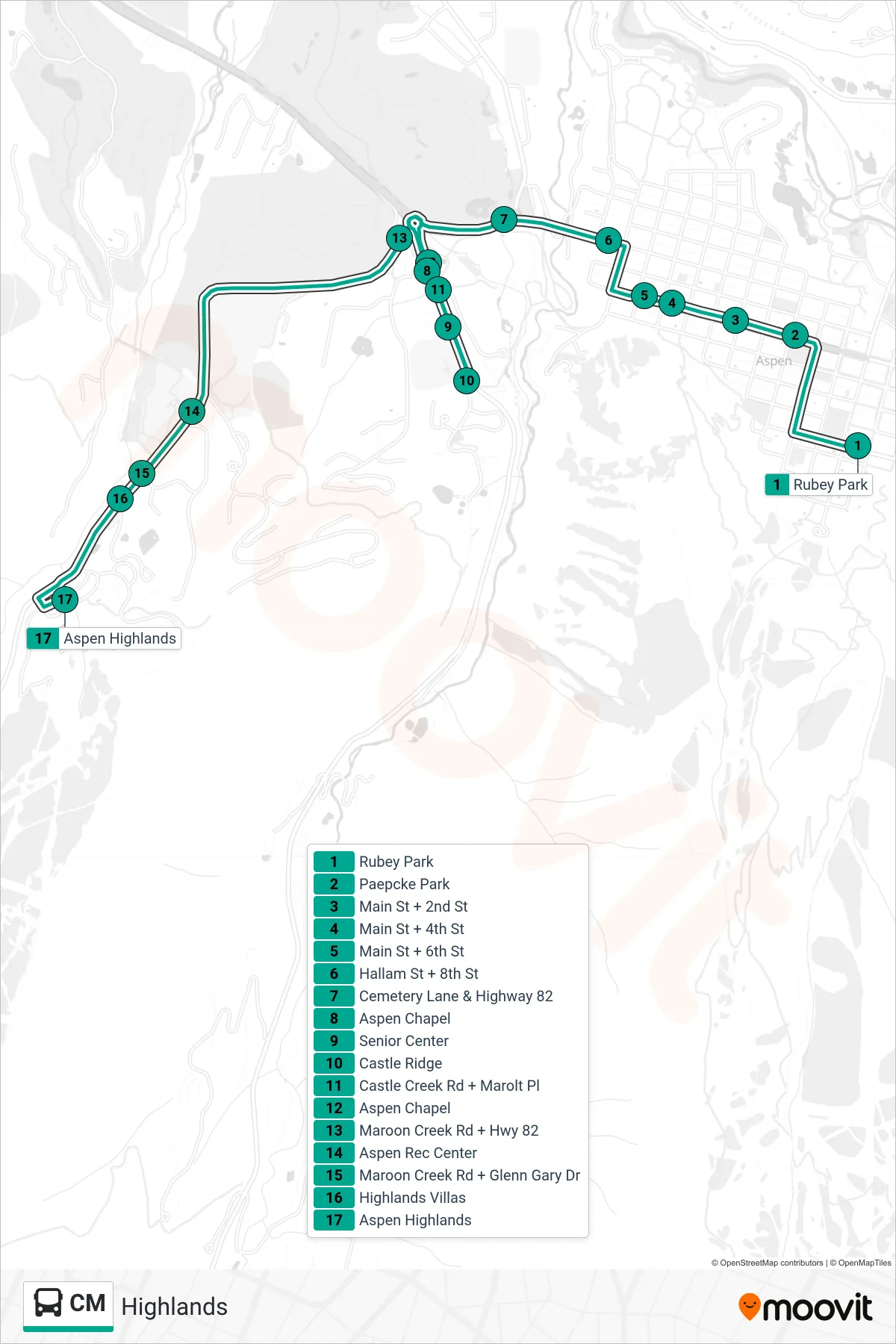 CM bus Line (Highlands) route and stops on a map