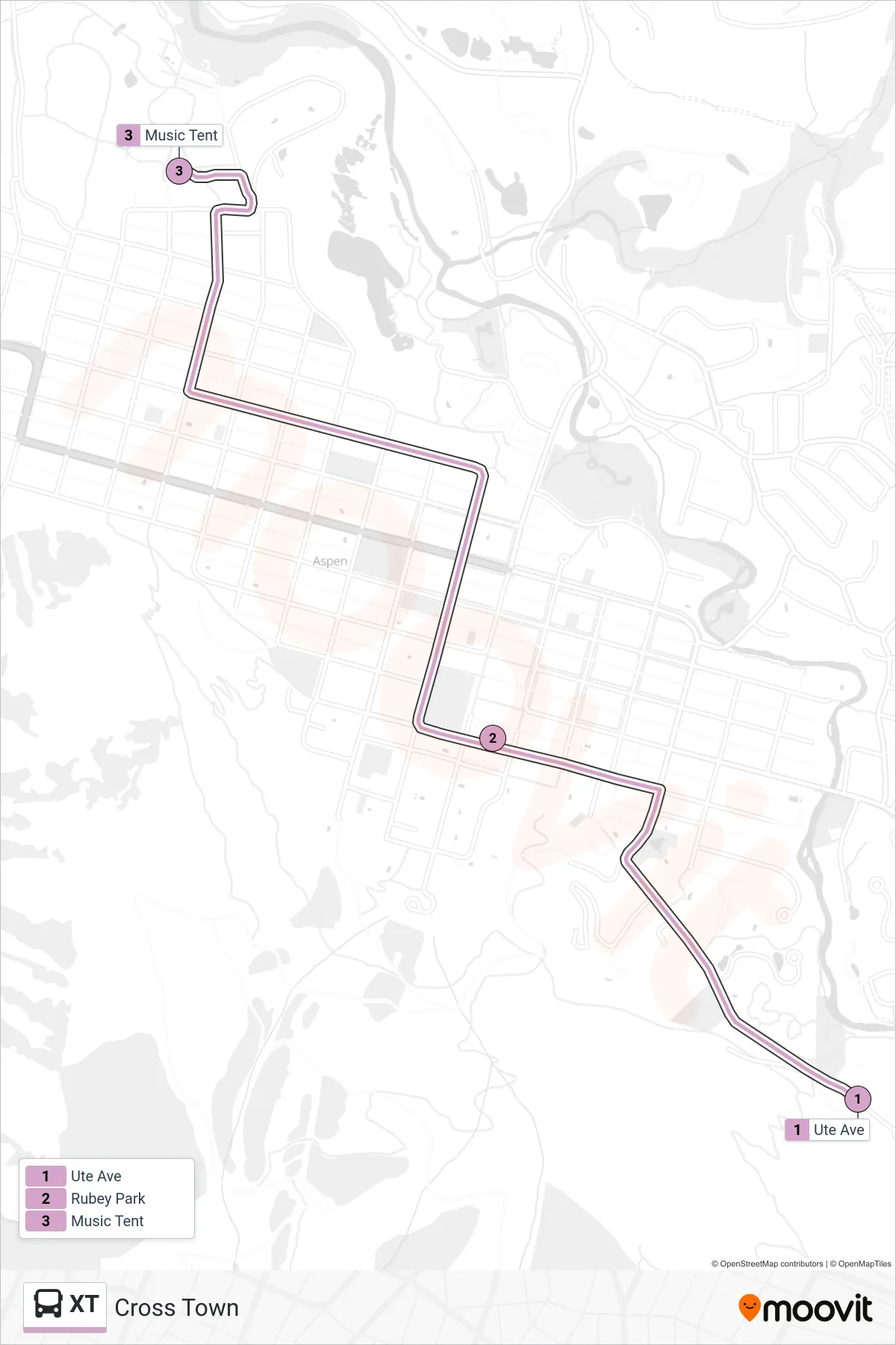 XT bus Line (Music Tent) route and stops on a map