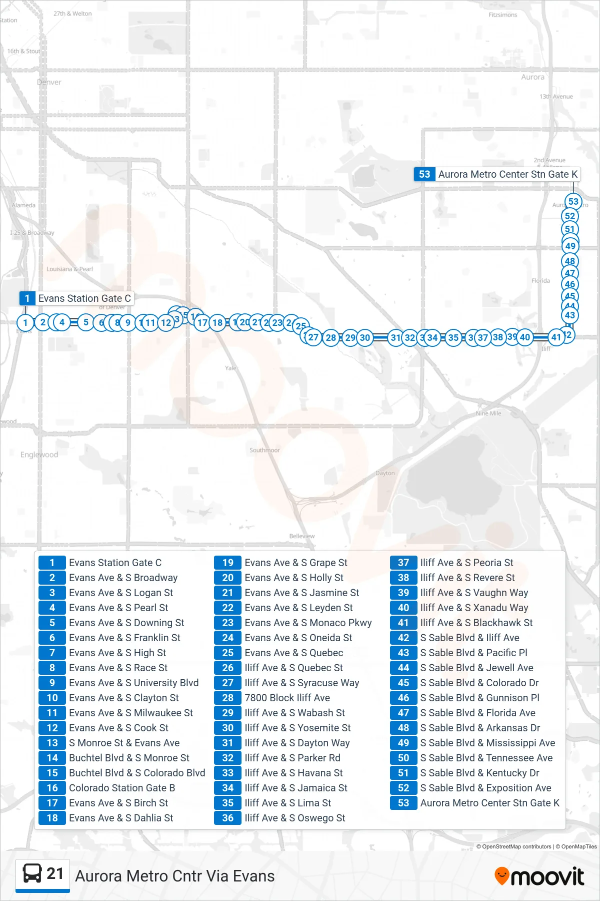 21 bus Line (Aurora Metro Cntr Via Evans) route and stops on a map