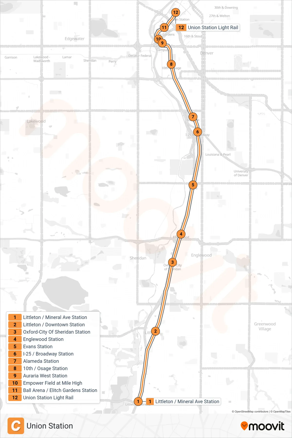 C light rail Line (Union Station) route and stops on a map
