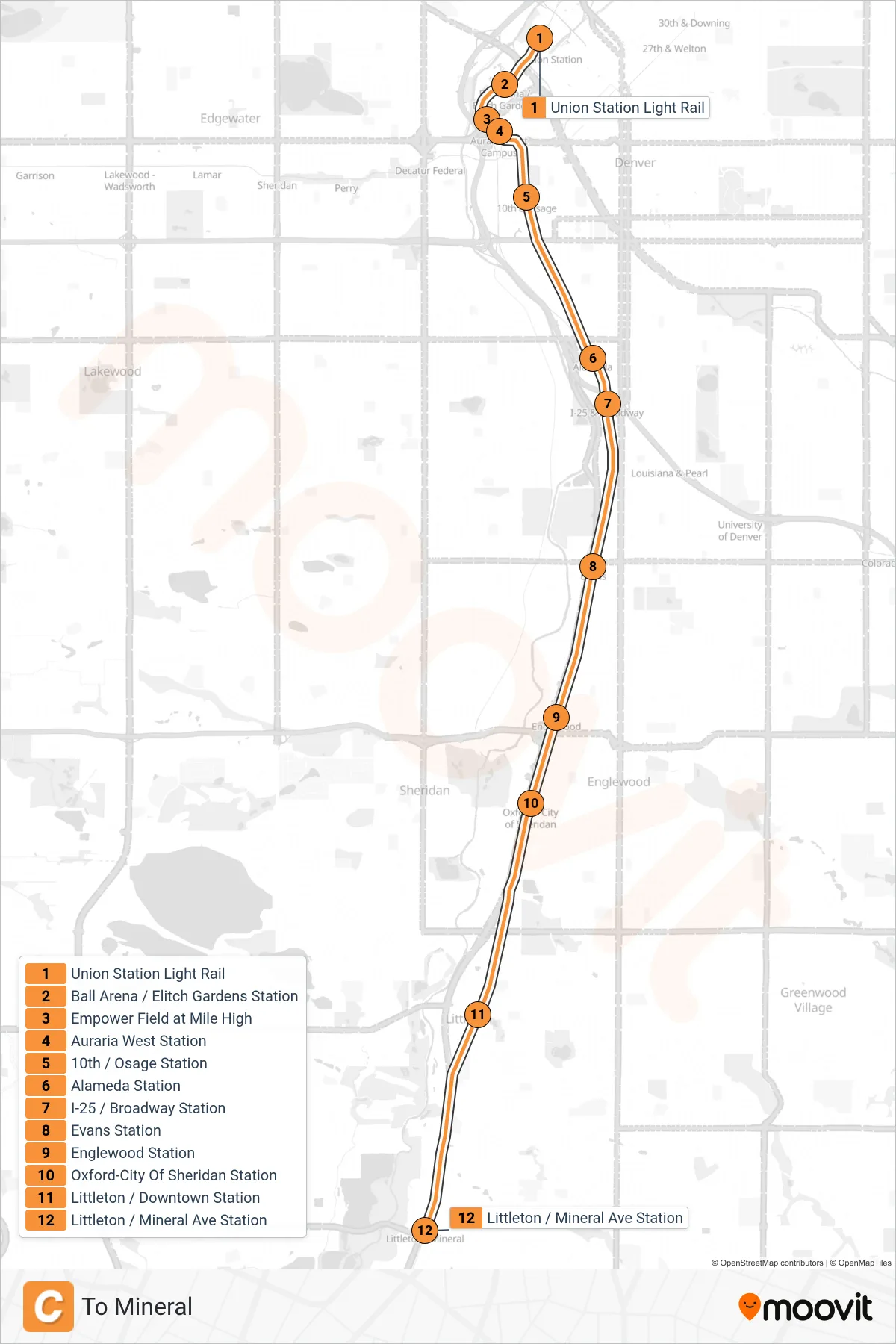 C tram Line (To Mineral) route and stops on a map