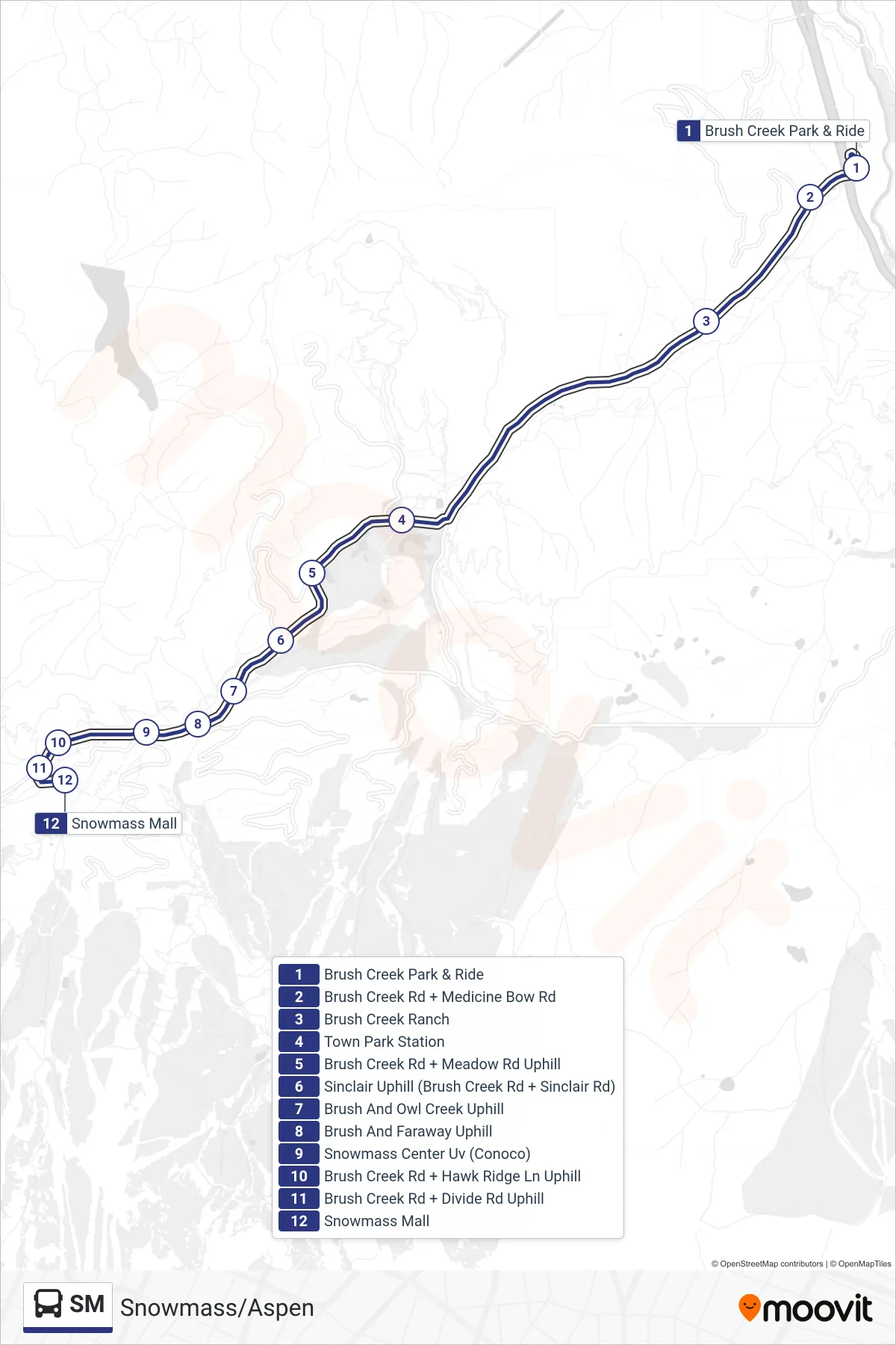 SM bus Line (Snowmass) route and stops on a map