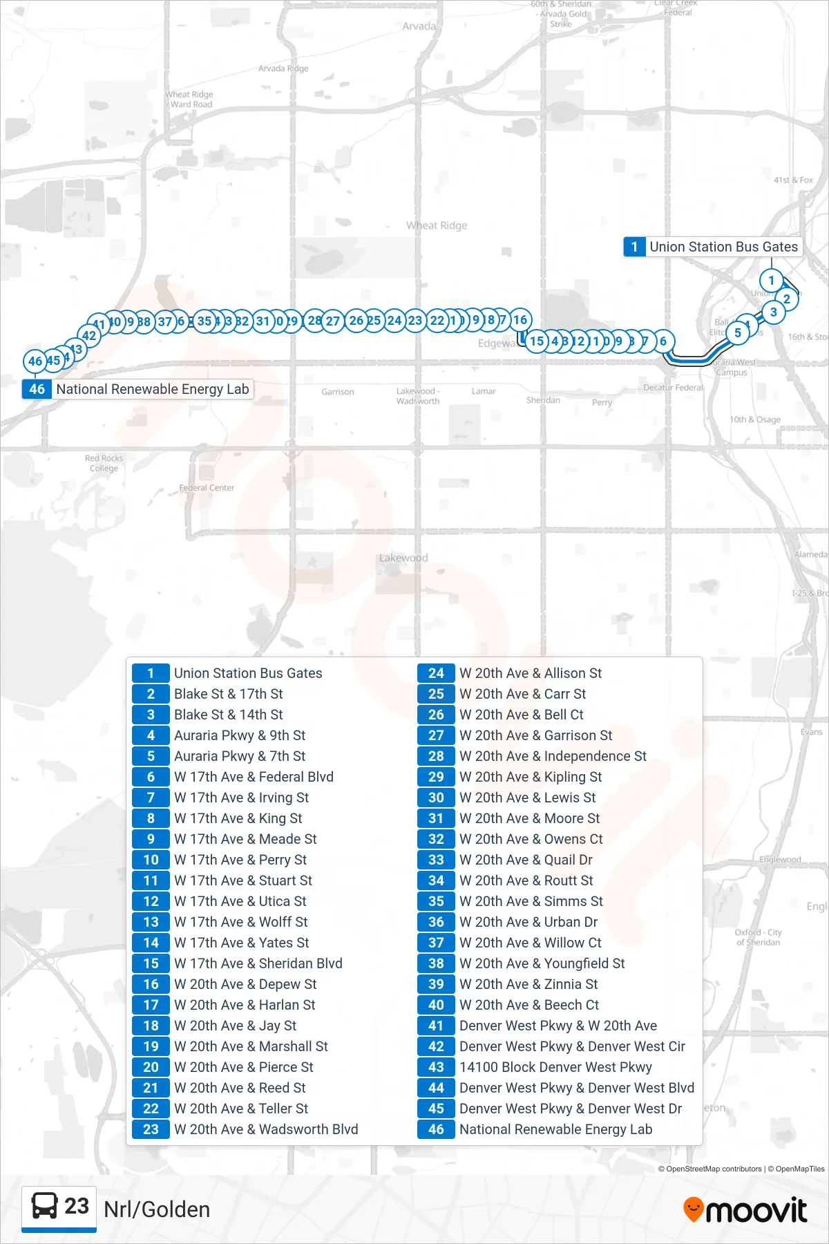 23 bus Line (Nrl/Golden) route and stops on a map