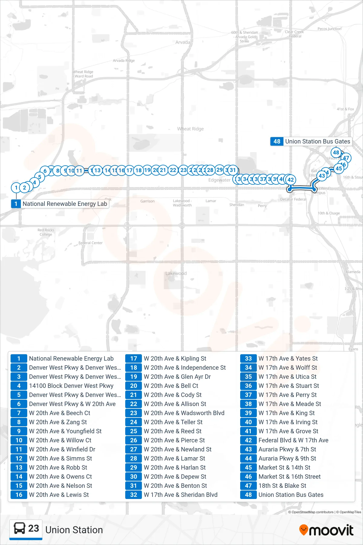 23 bus Line (Union Station) route and stops on a map