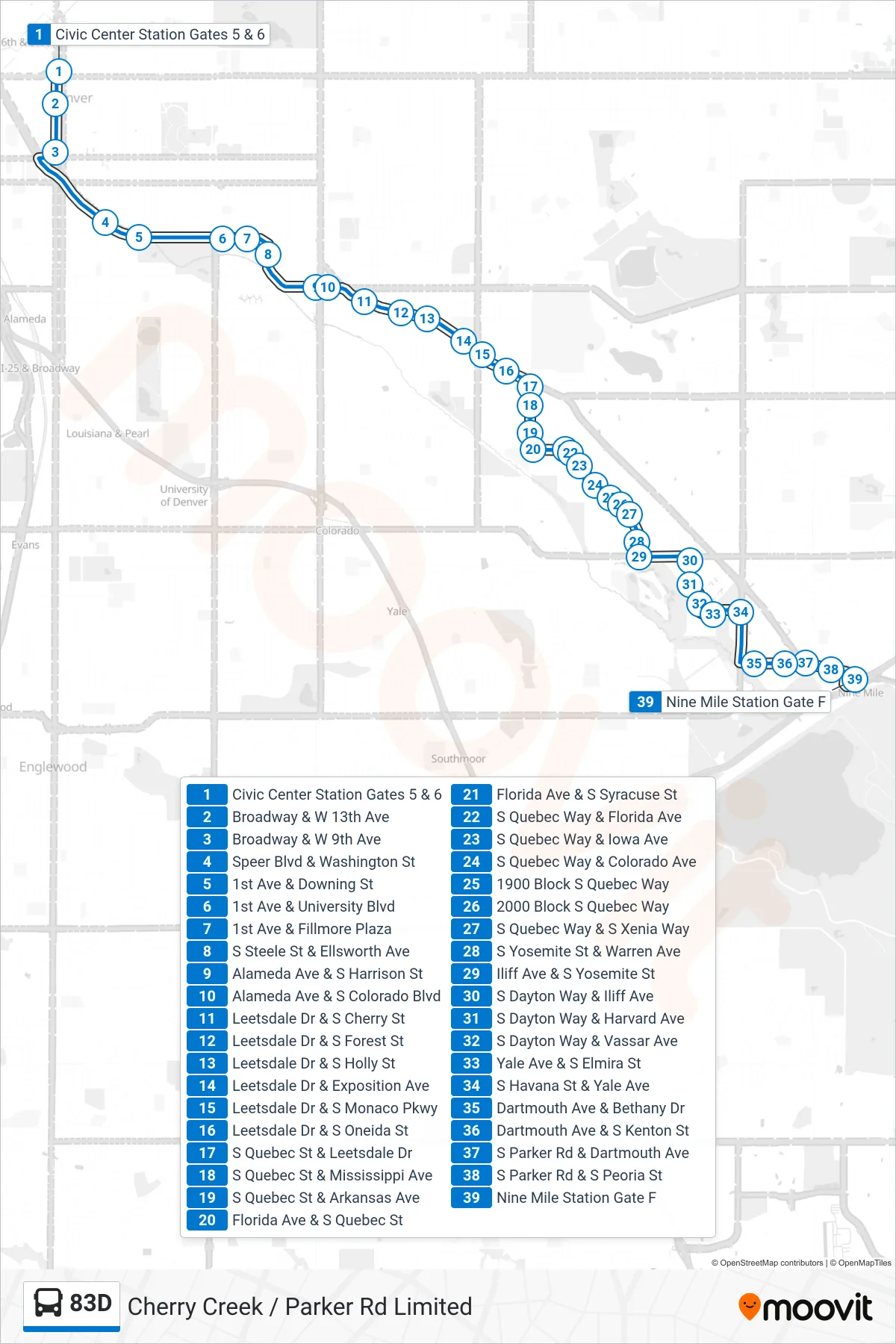 83D bus Line (Nine Mile 83d S Quebec Way) route and stops on a map