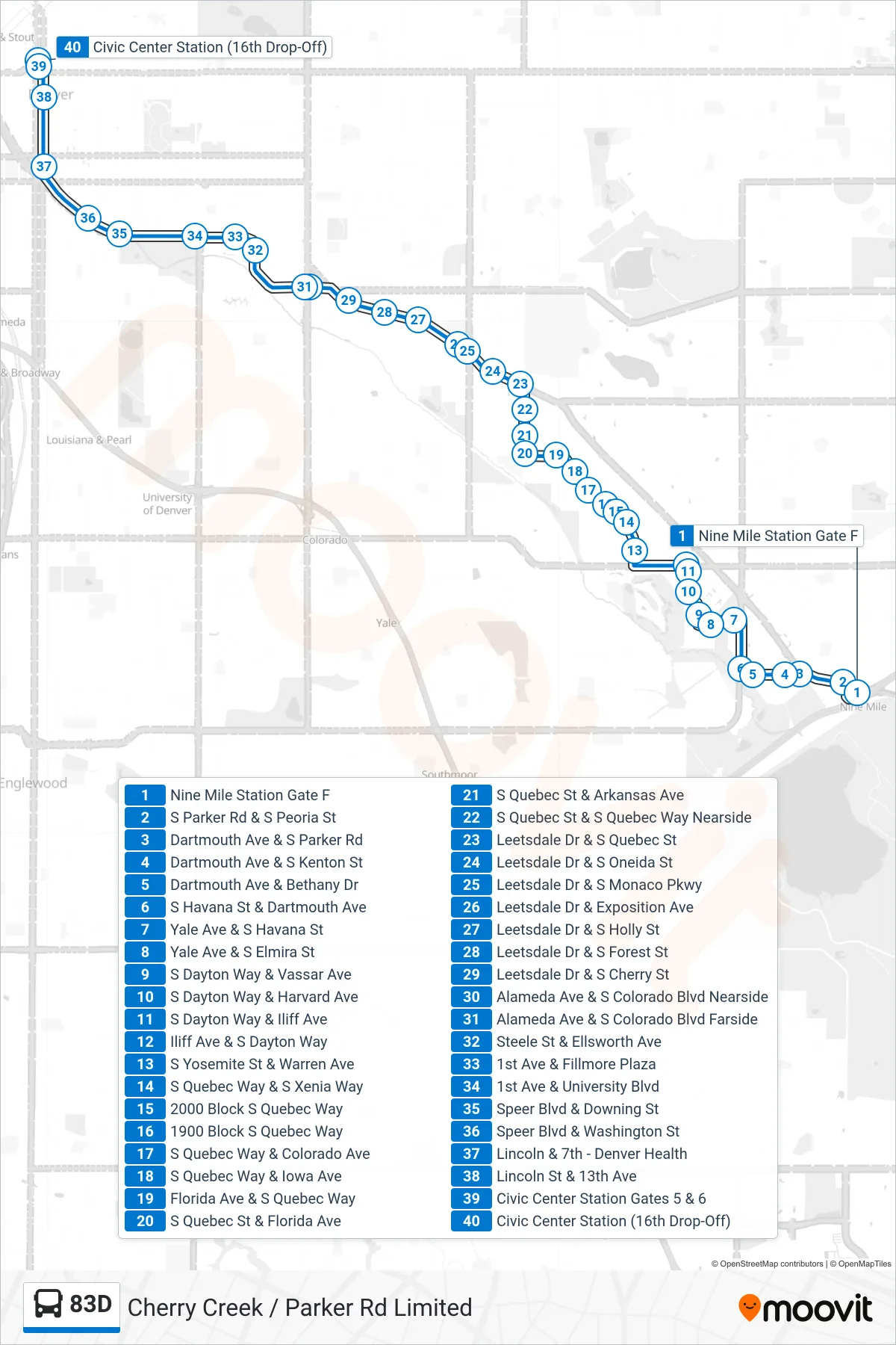 83D bus Line (Downtown 83d Civic Center) route and stops on a map