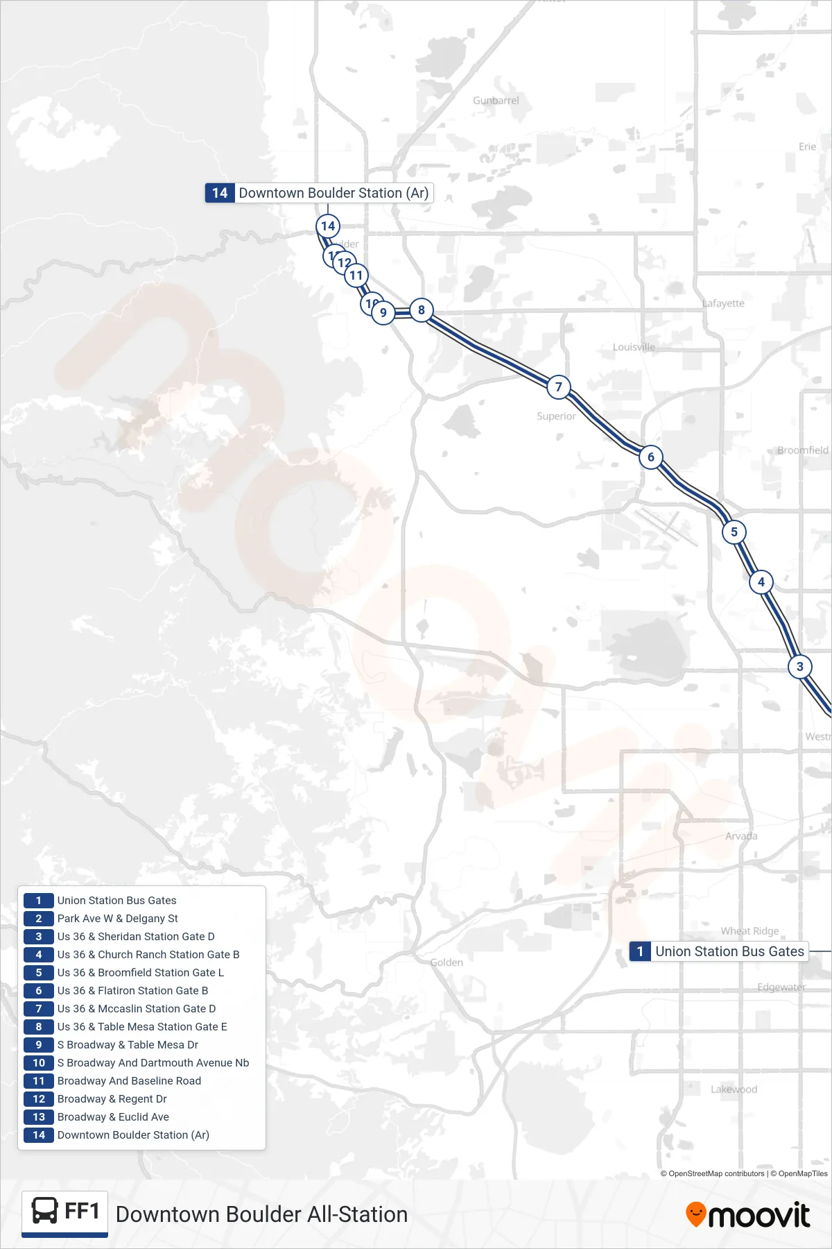 FF1 bus Line (Downtown Boulder All-Station) route and stops on a map