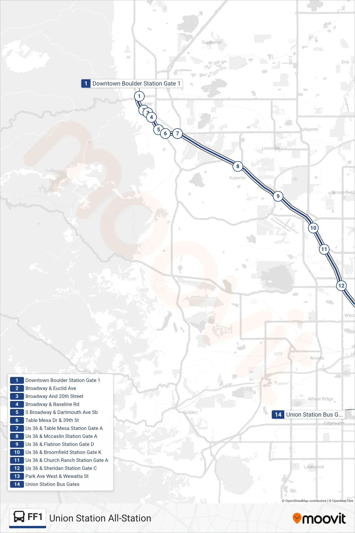 FF1 bus Line (Union Station All-Station) route and stops on a map
