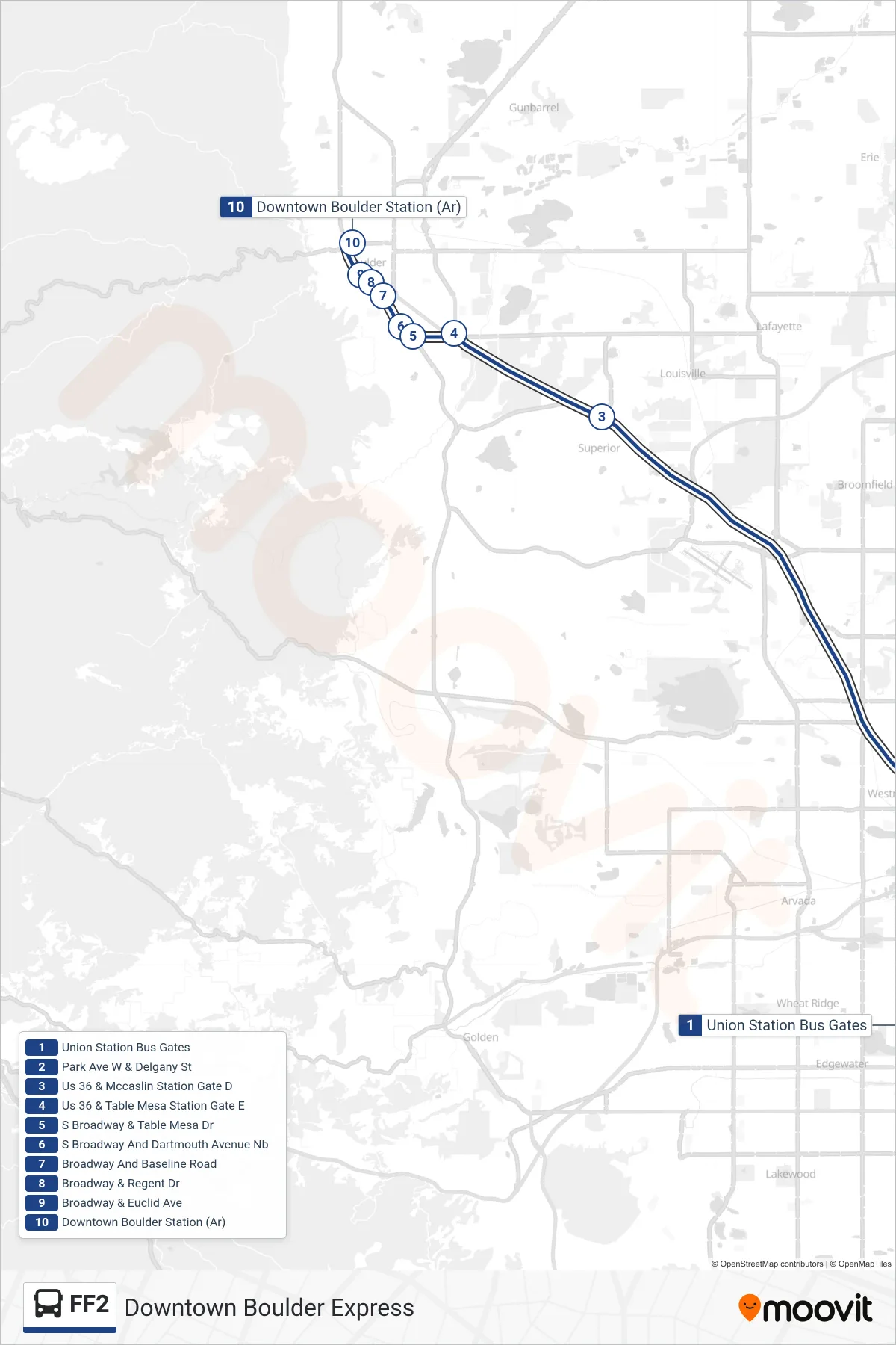 FF2 bus Line (Downtown Boulder Express) route and stops on a map