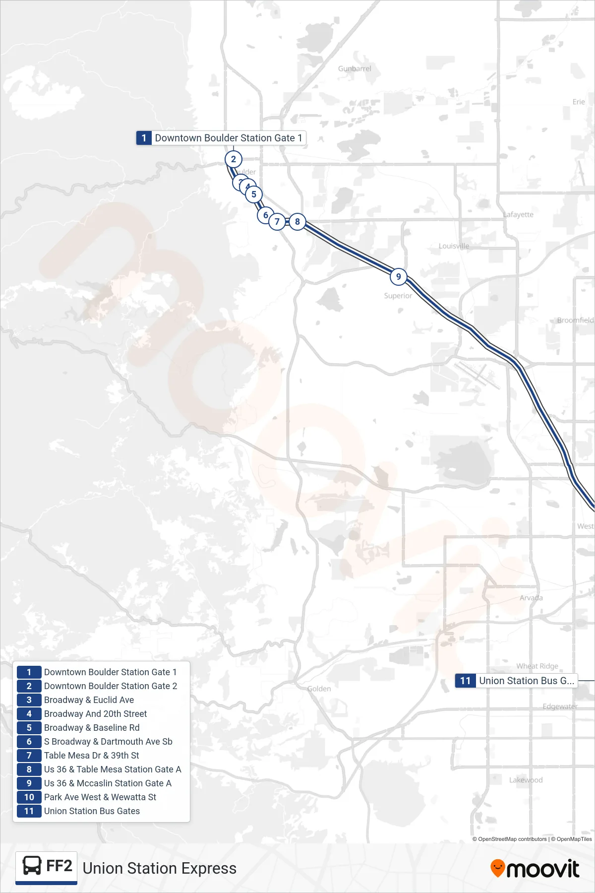 FF2 bus Line (Union Station Express) route and stops on a map