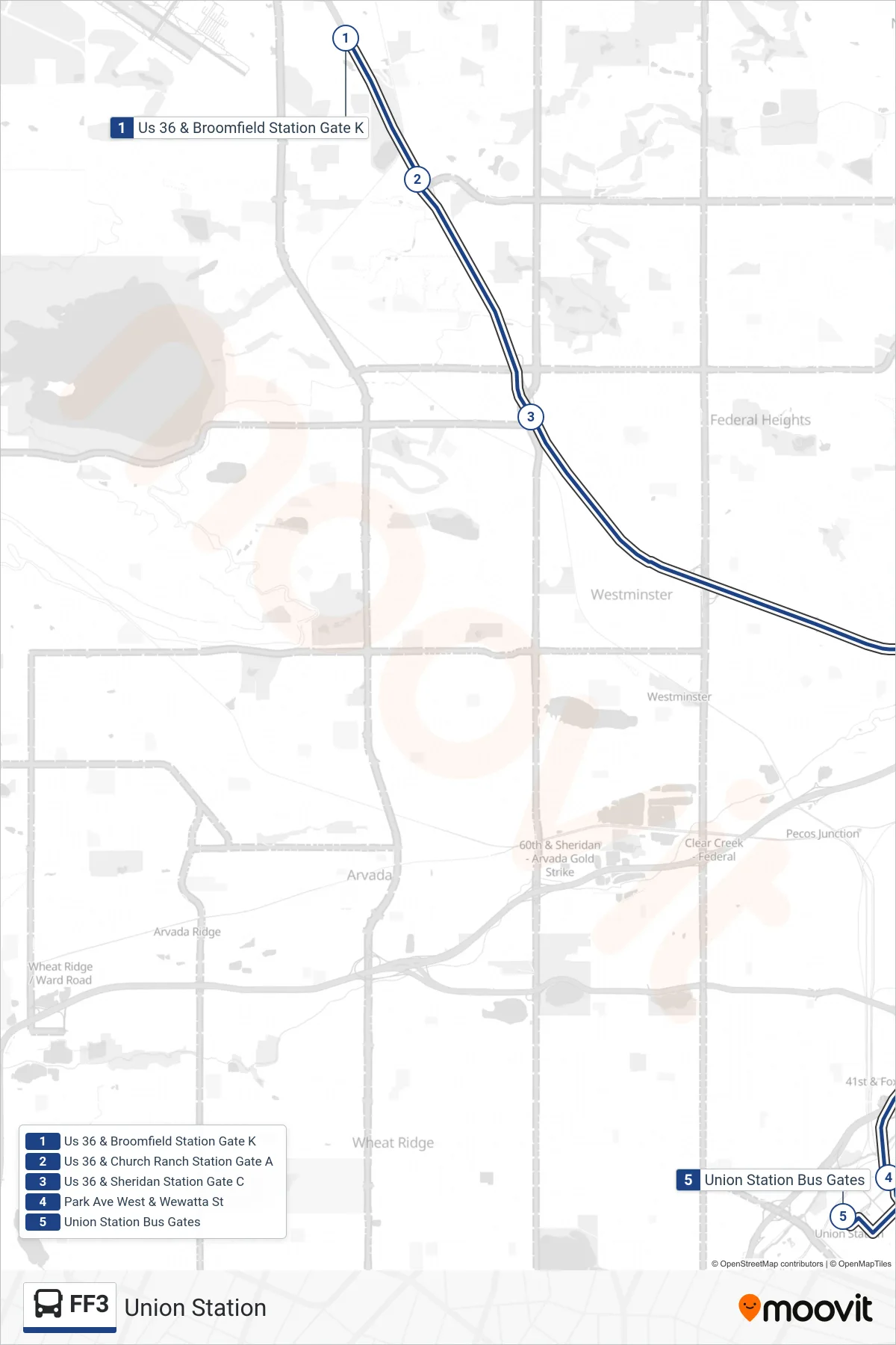 FF3 bus Line (Union Station) route and stops on a map