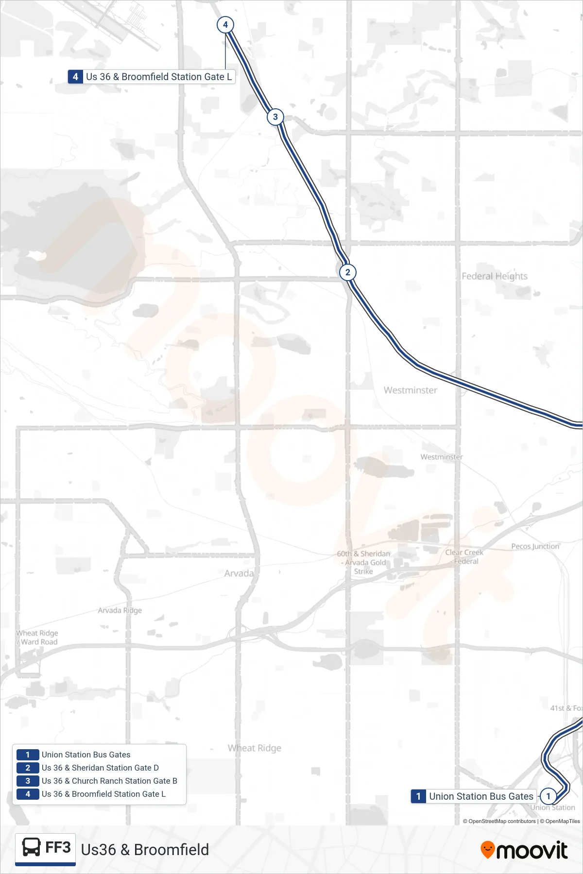 FF3 bus Line (Us36 & Broomfield) route and stops on a map