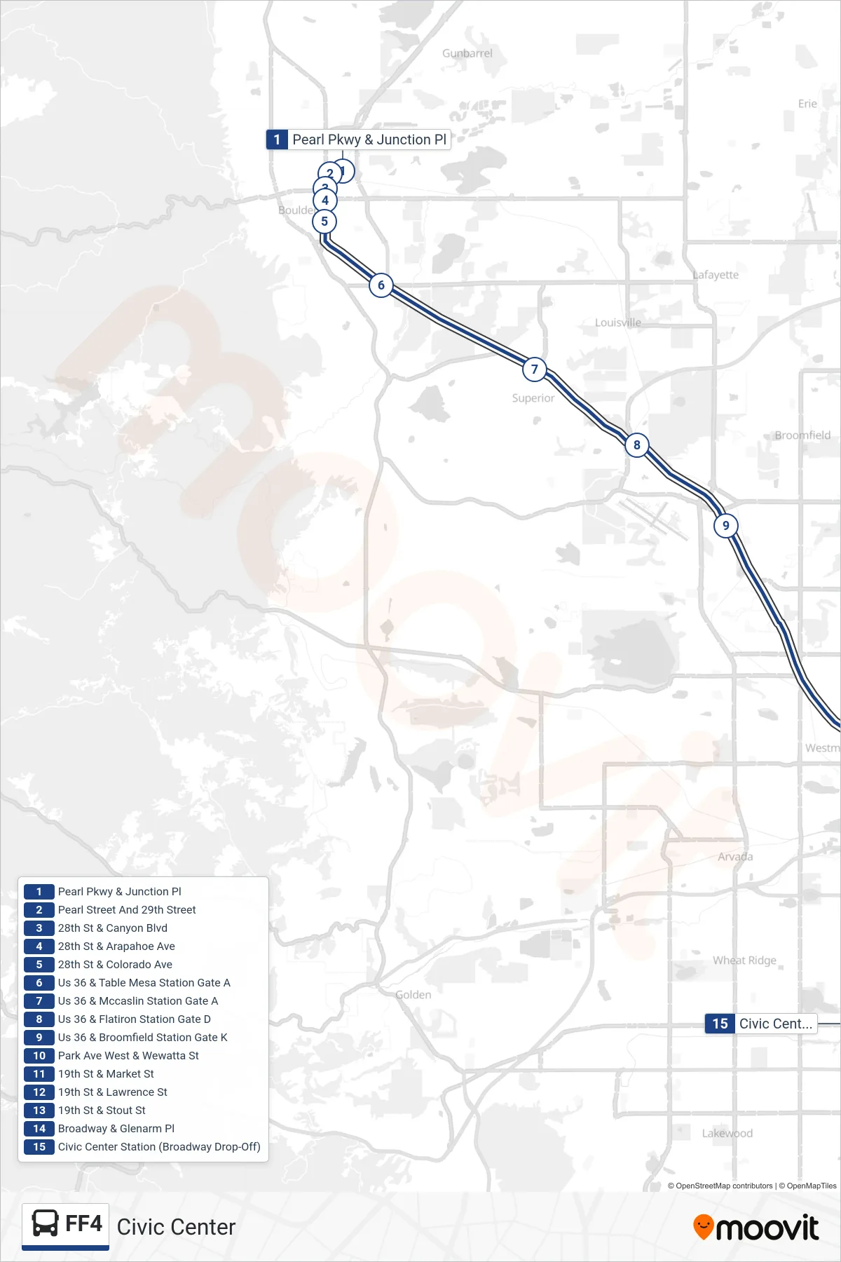 FF4 bus Line (Civic Center) route and stops on a map