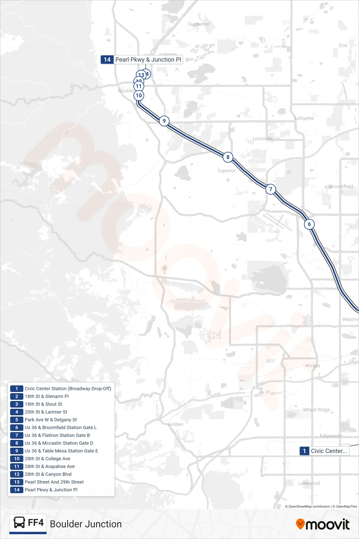 FF4 bus Line (Boulder Junction) route and stops on a map
