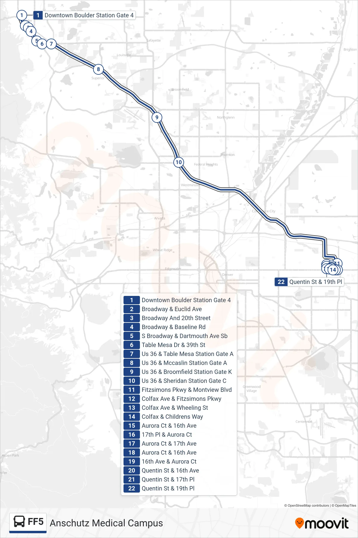 FF5 bus Line (Anschutz Medical Campus) route and stops on a map