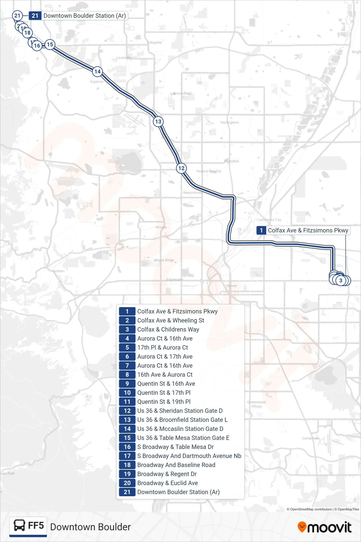 FF5 bus Line (Downtown Boulder) route and stops on a map