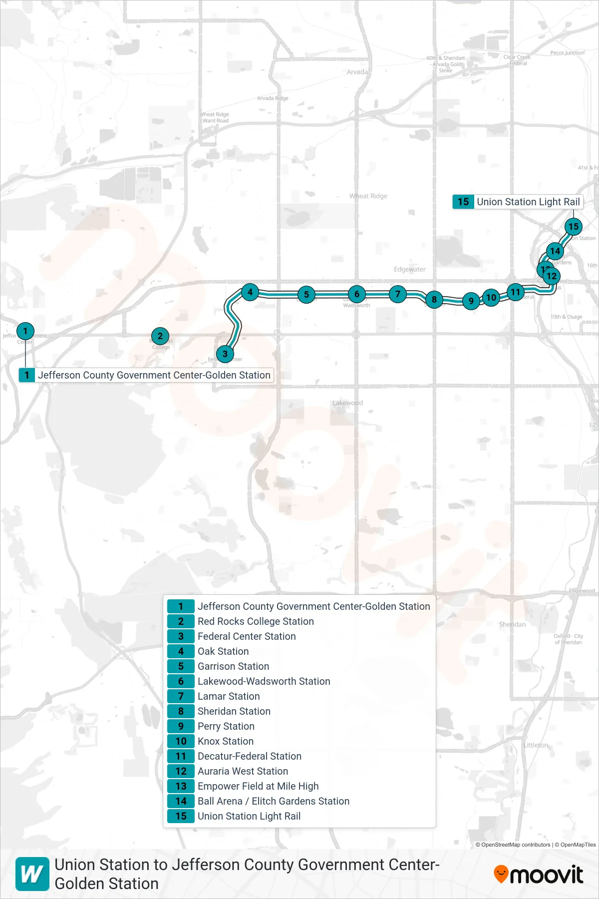 W light rail Line (Union Station) route and stops on a map