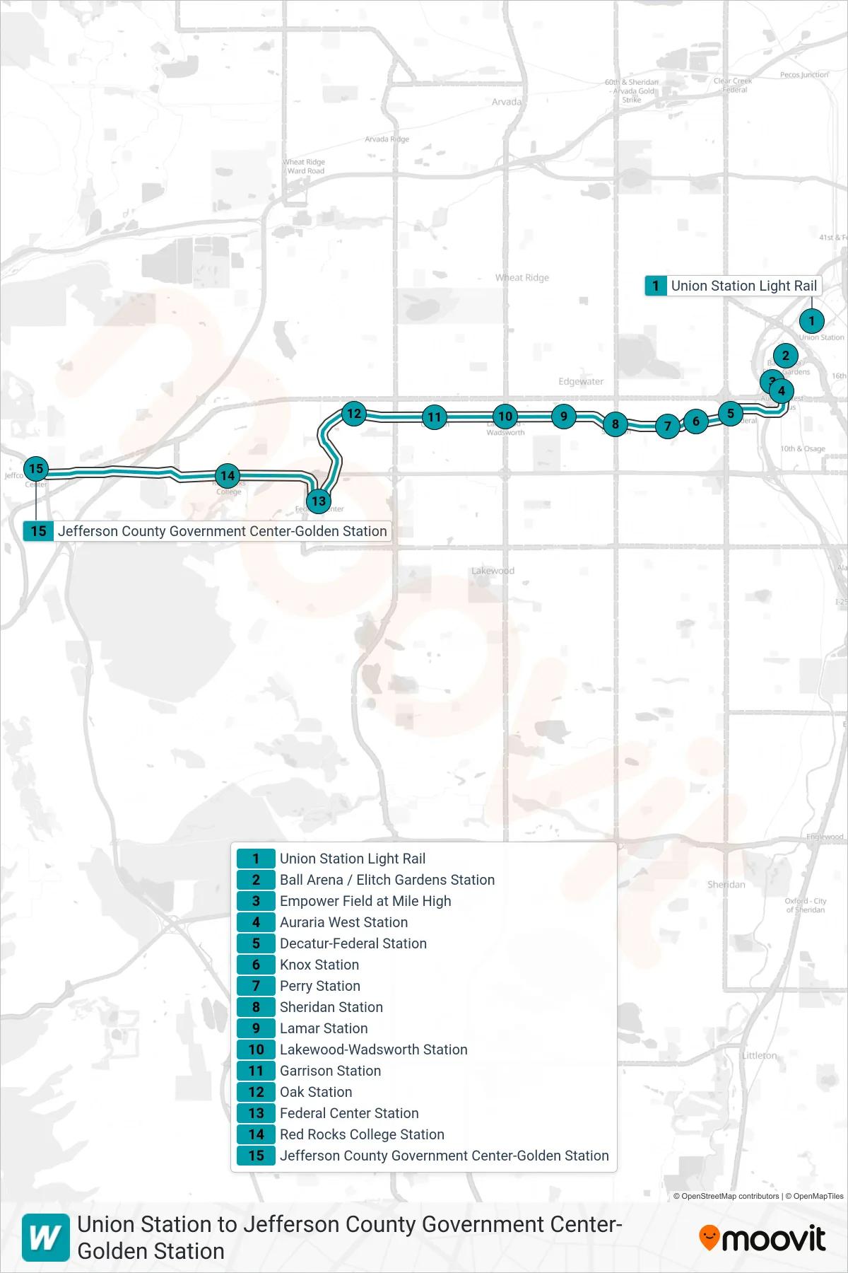 W tram Line (Jeffco) route and stops on a map