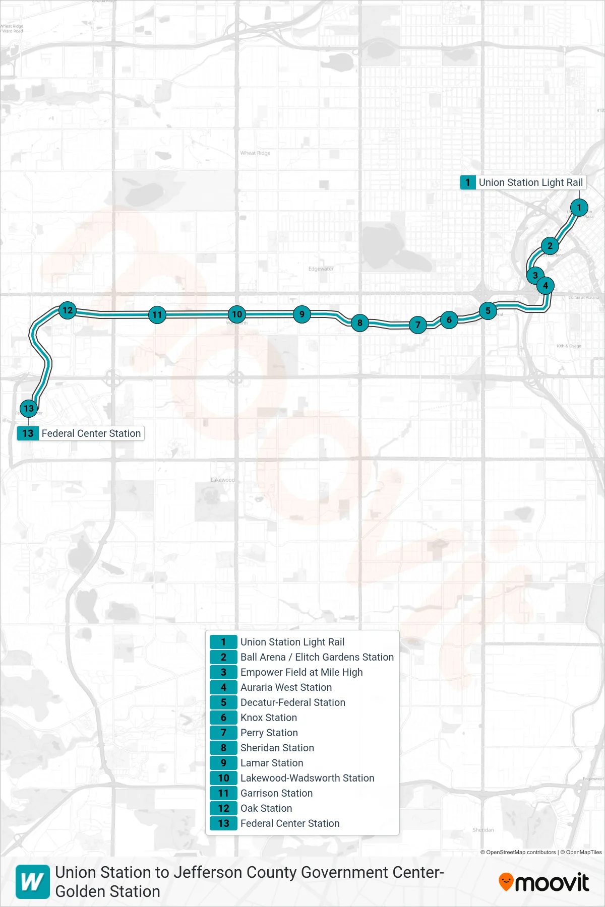 W tram Line (Federal Ctr) route and stops on a map