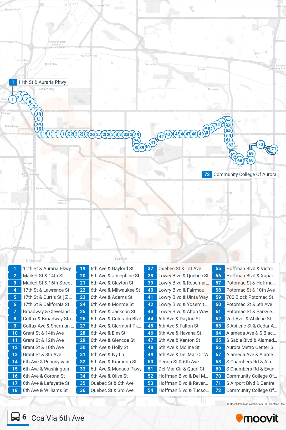 6 bus Line (Cca Via 6th Ave) route and stops on a map