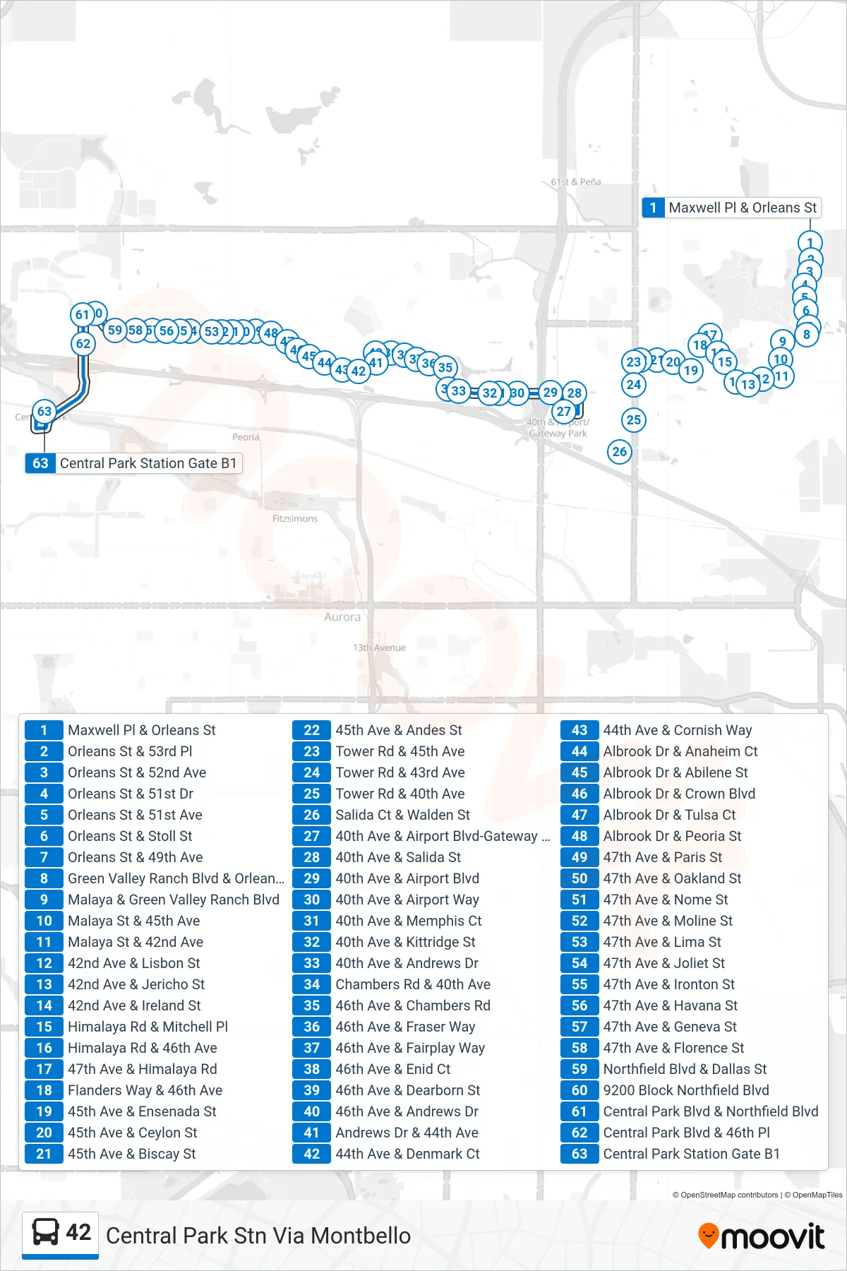 42 bus Line (Central Park Stn Via Montbello) route and stops on a map