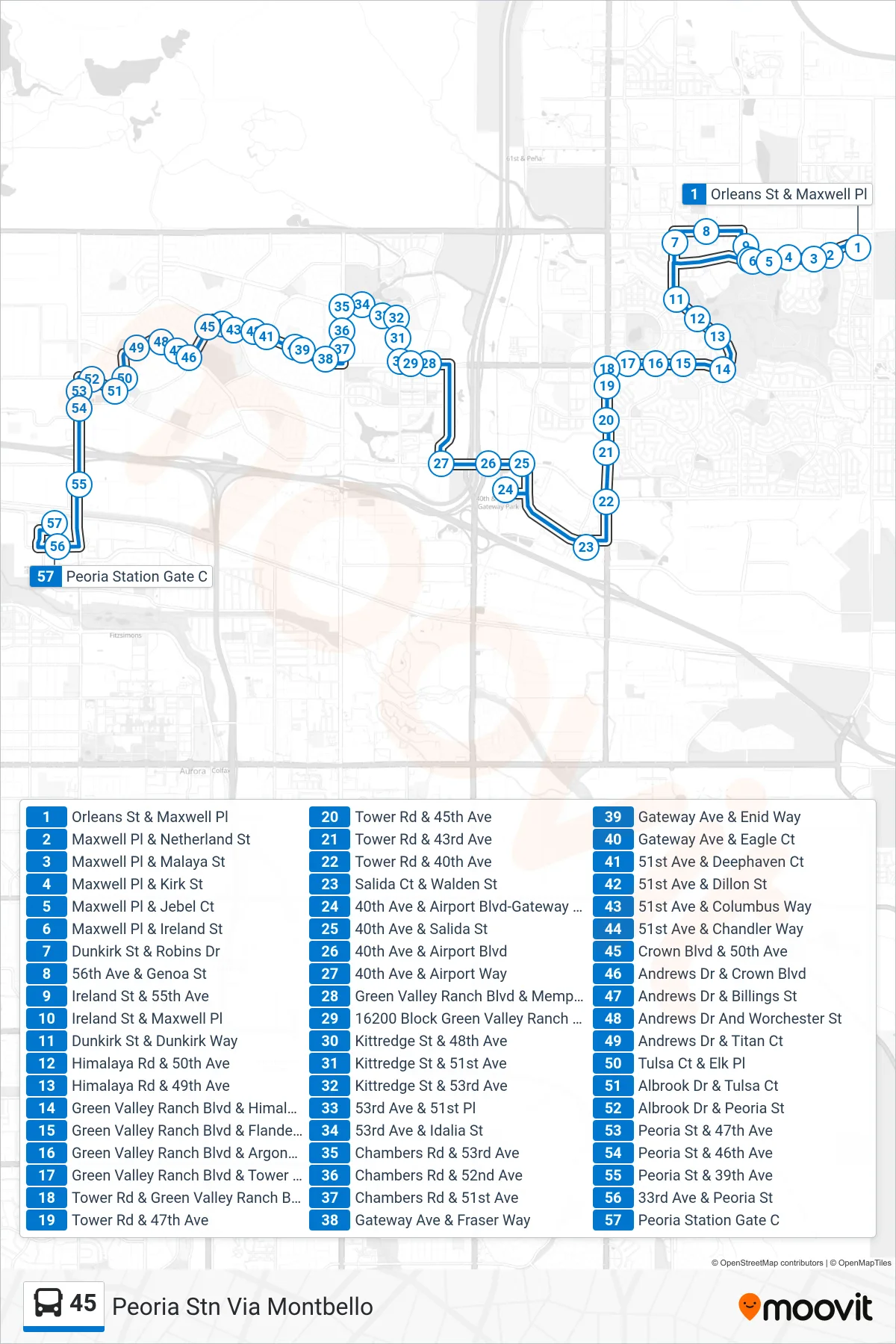 45 bus Line (Peoria Stn Via Montbello) route and stops on a map