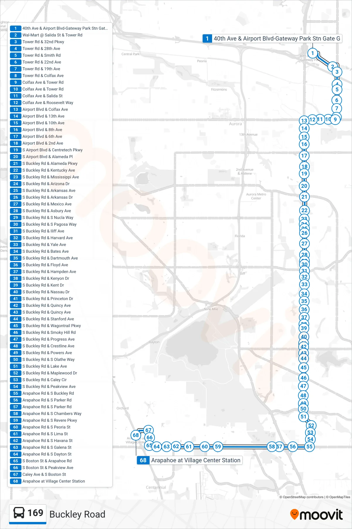 169 bus Line (Arapahoe Station) route and stops on a map