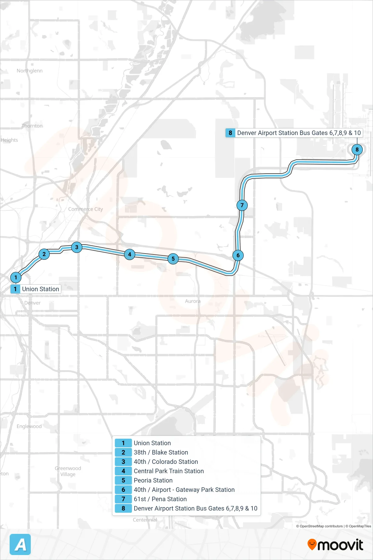 A rail Line (Denver Airport) route and stops on a map