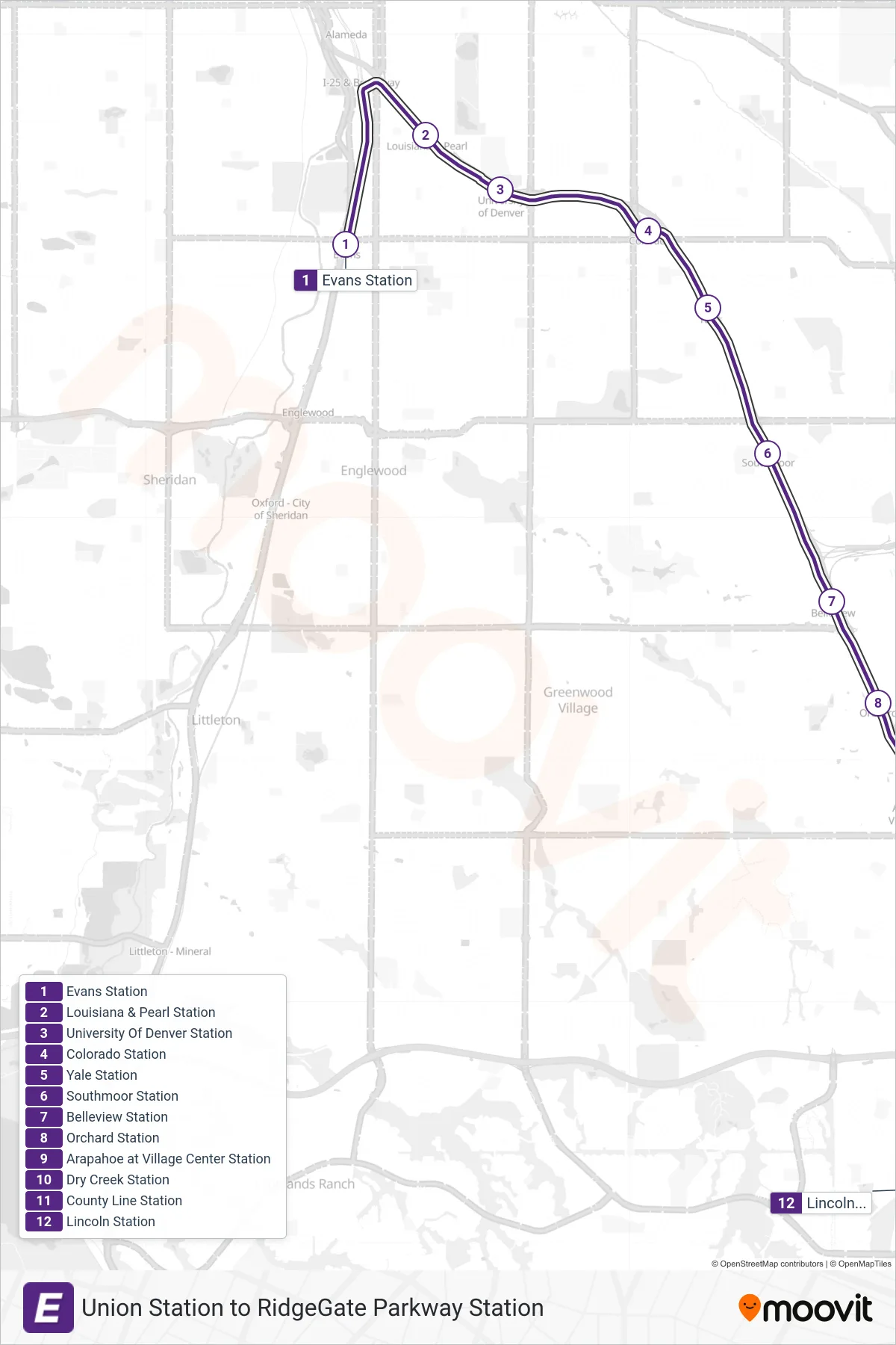 E tram Line (Lincoln) route and stops on a map