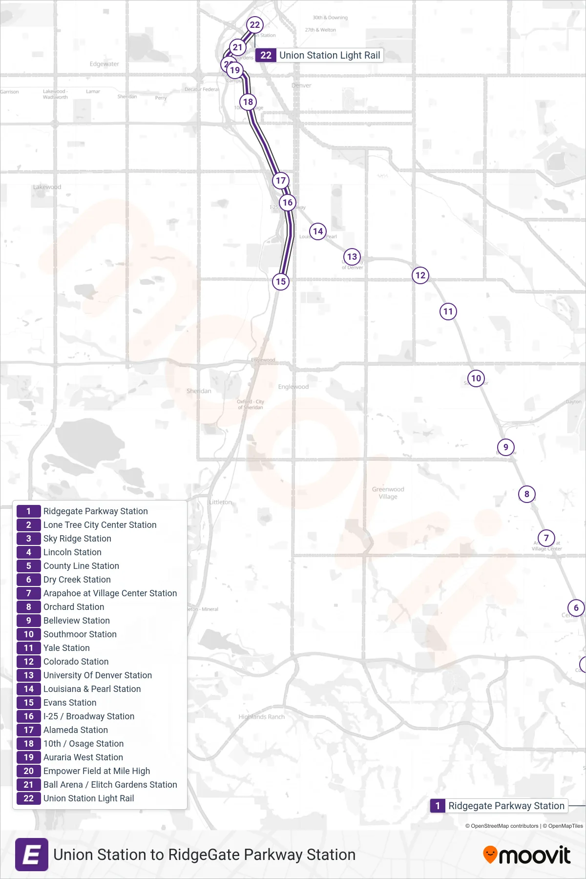 E tram Line (Union Station) route and stops on a map