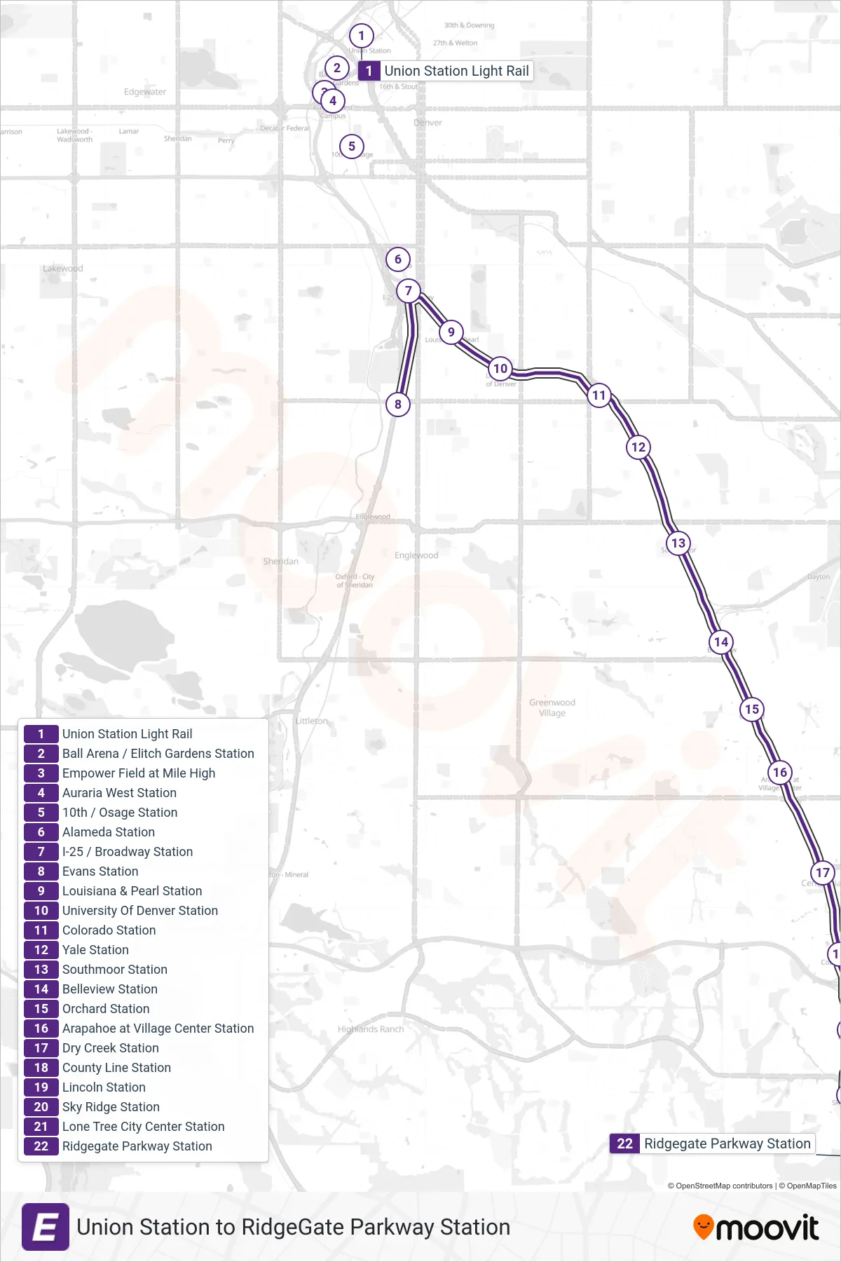 E tram Line (Ridgegate) route and stops on a map