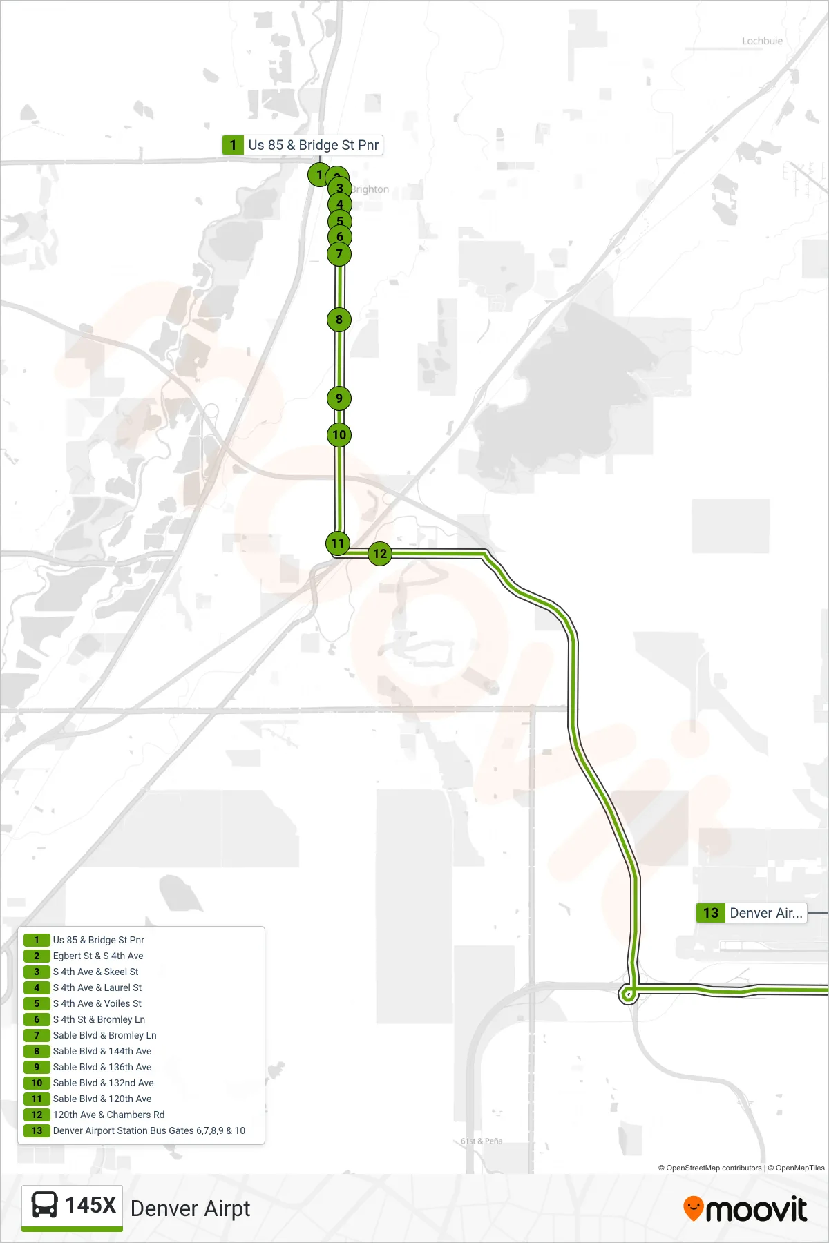145X bus Line (Denver Airpt) route and stops on a map