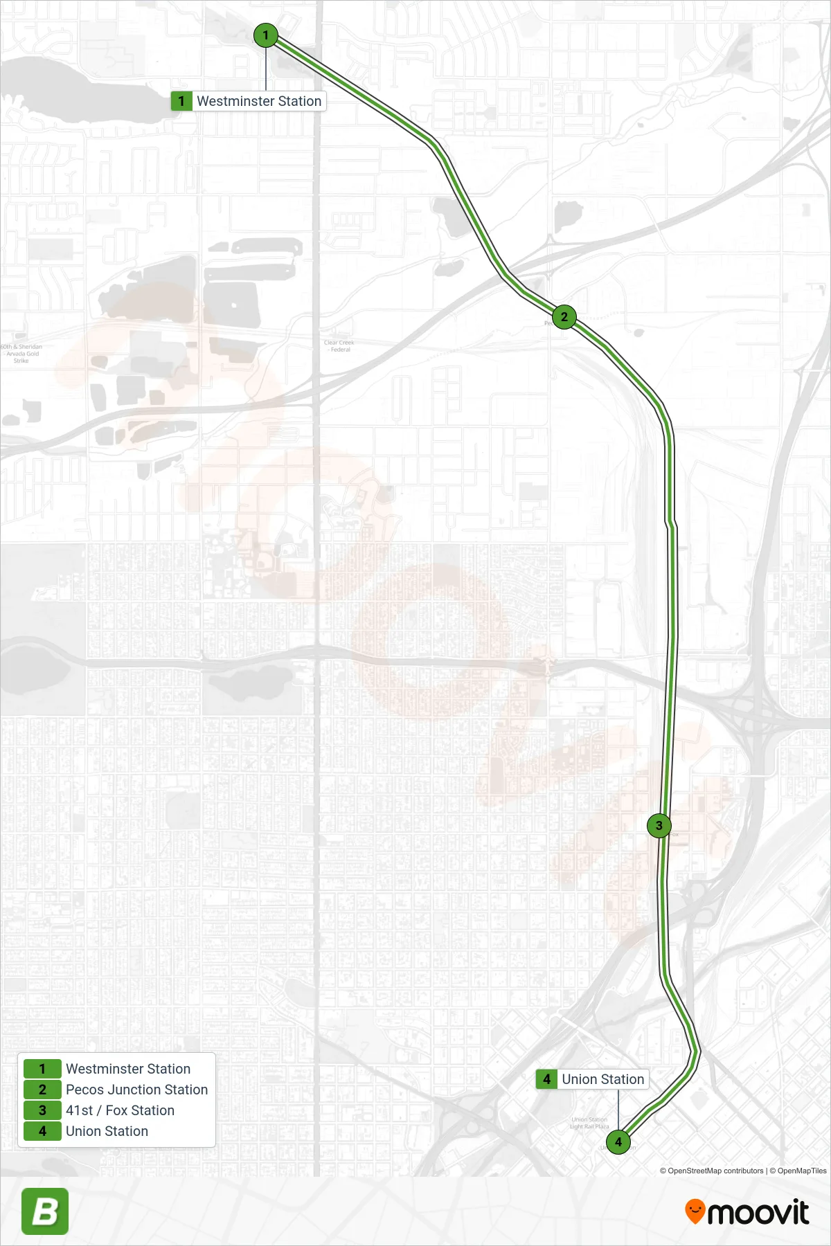 B rail Line (Union Station) route and stops on a map