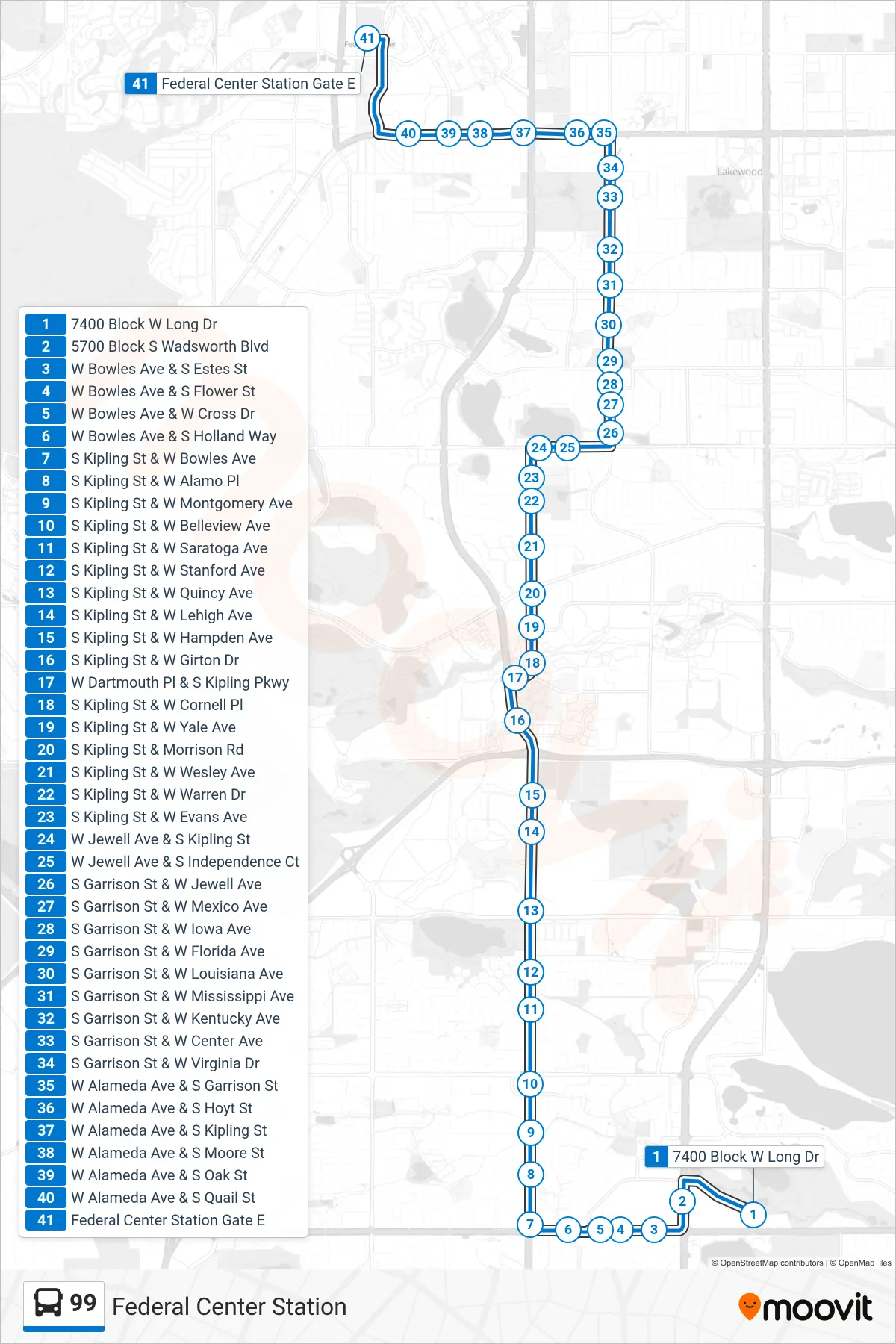 99 bus Line (Federal Center Station) route and stops on a map
