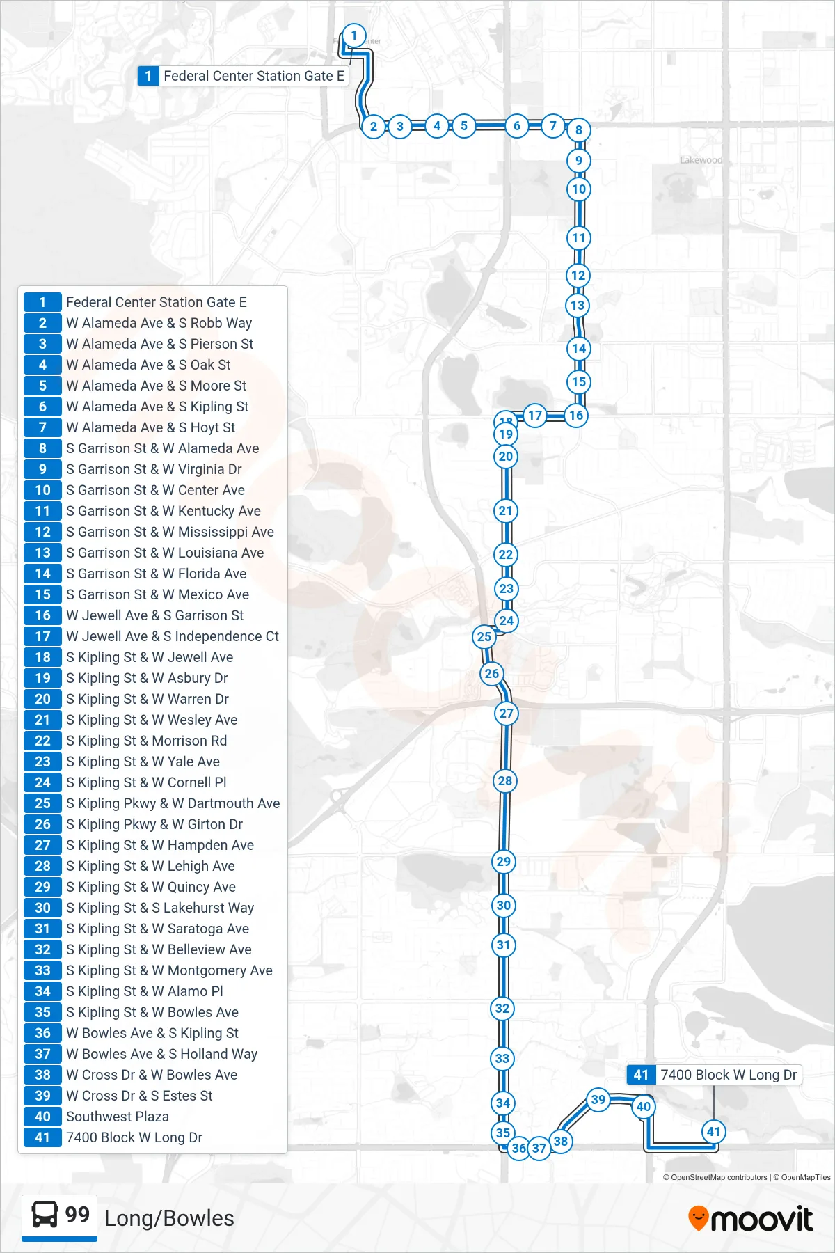 99 bus Line (Long/Bowles) route and stops on a map