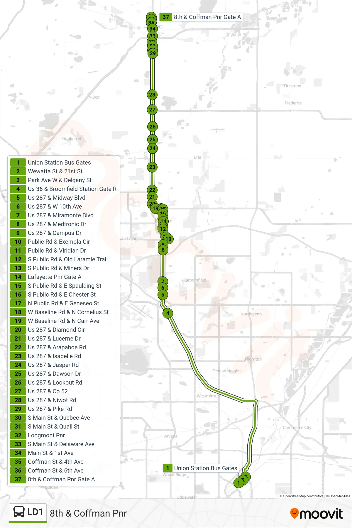 LD1 bus Line (8th & Coffman Pnr) route and stops on a map