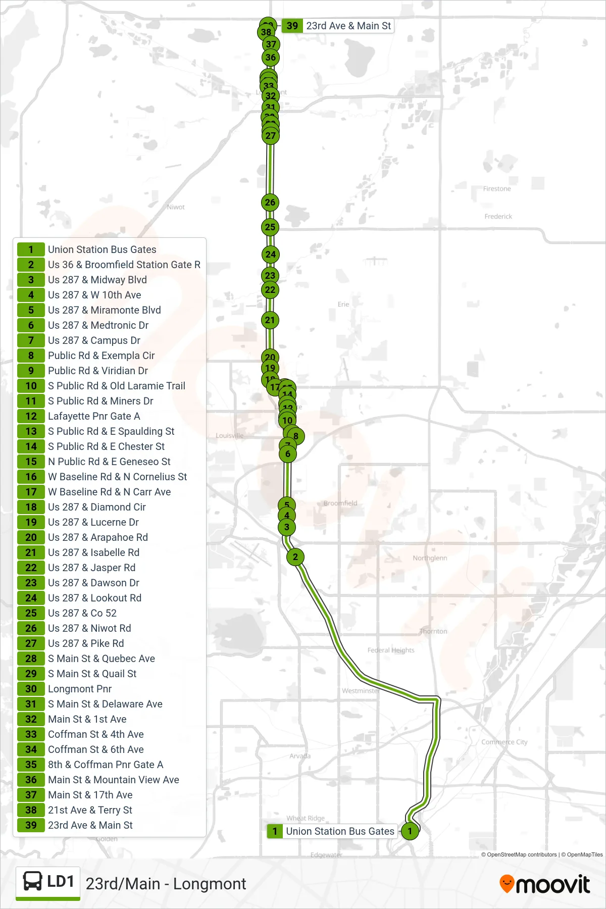 LD1 bus Line (23rd/Main - Longmont) route and stops on a map