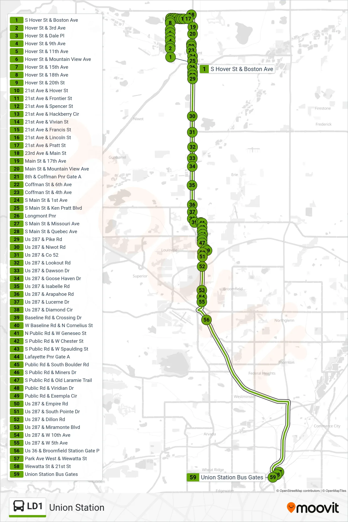 LD1 bus Line (Union Station) route and stops on a map