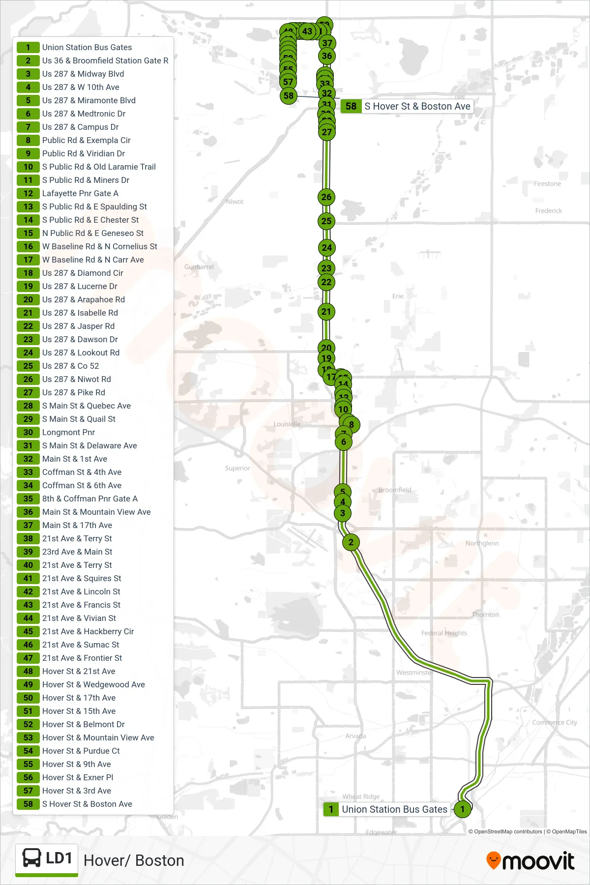 LD1 bus Line (Hover/ Boston) route and stops on a map
