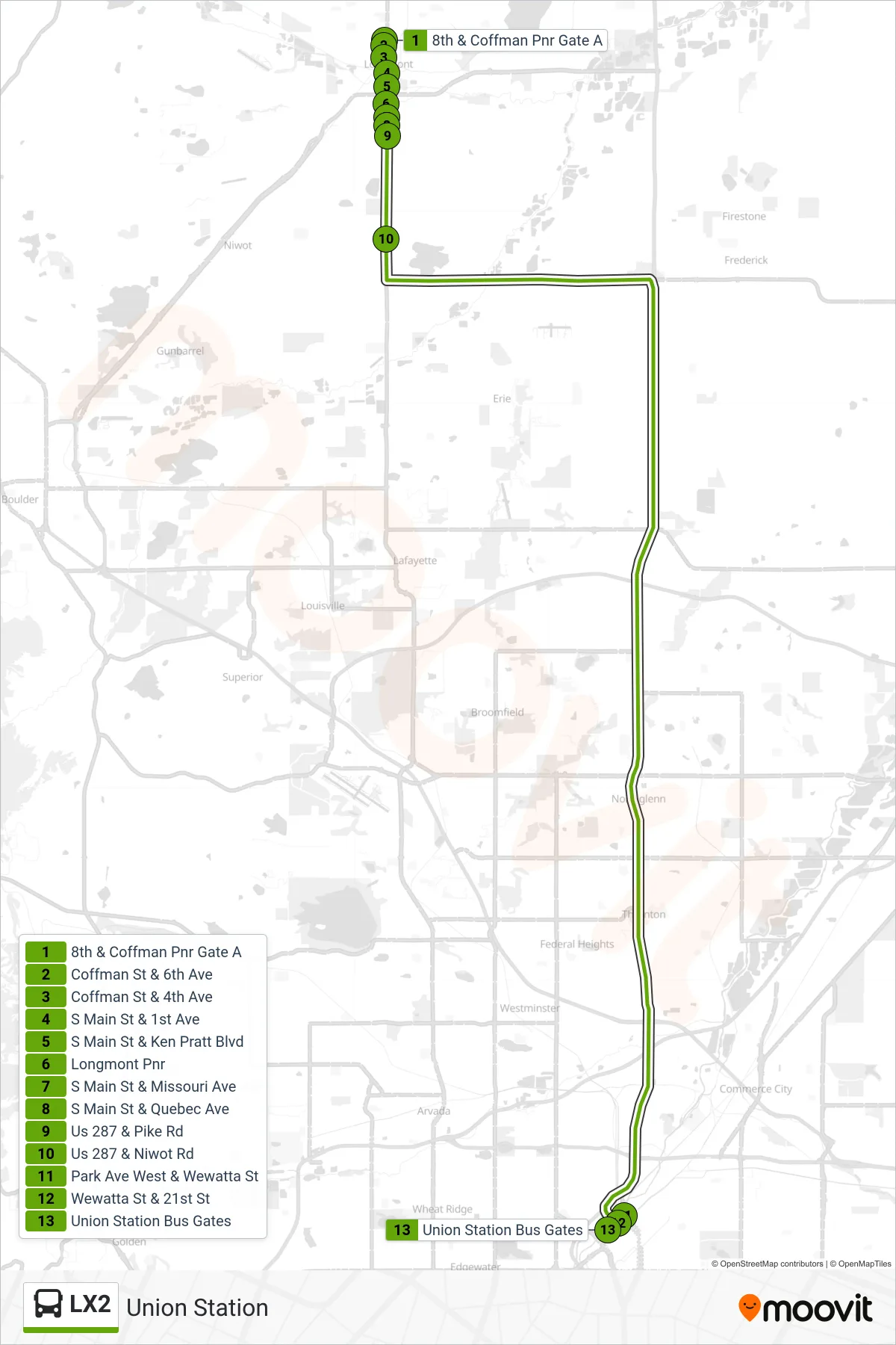 LX2 bus Line (Union Station) route and stops on a map