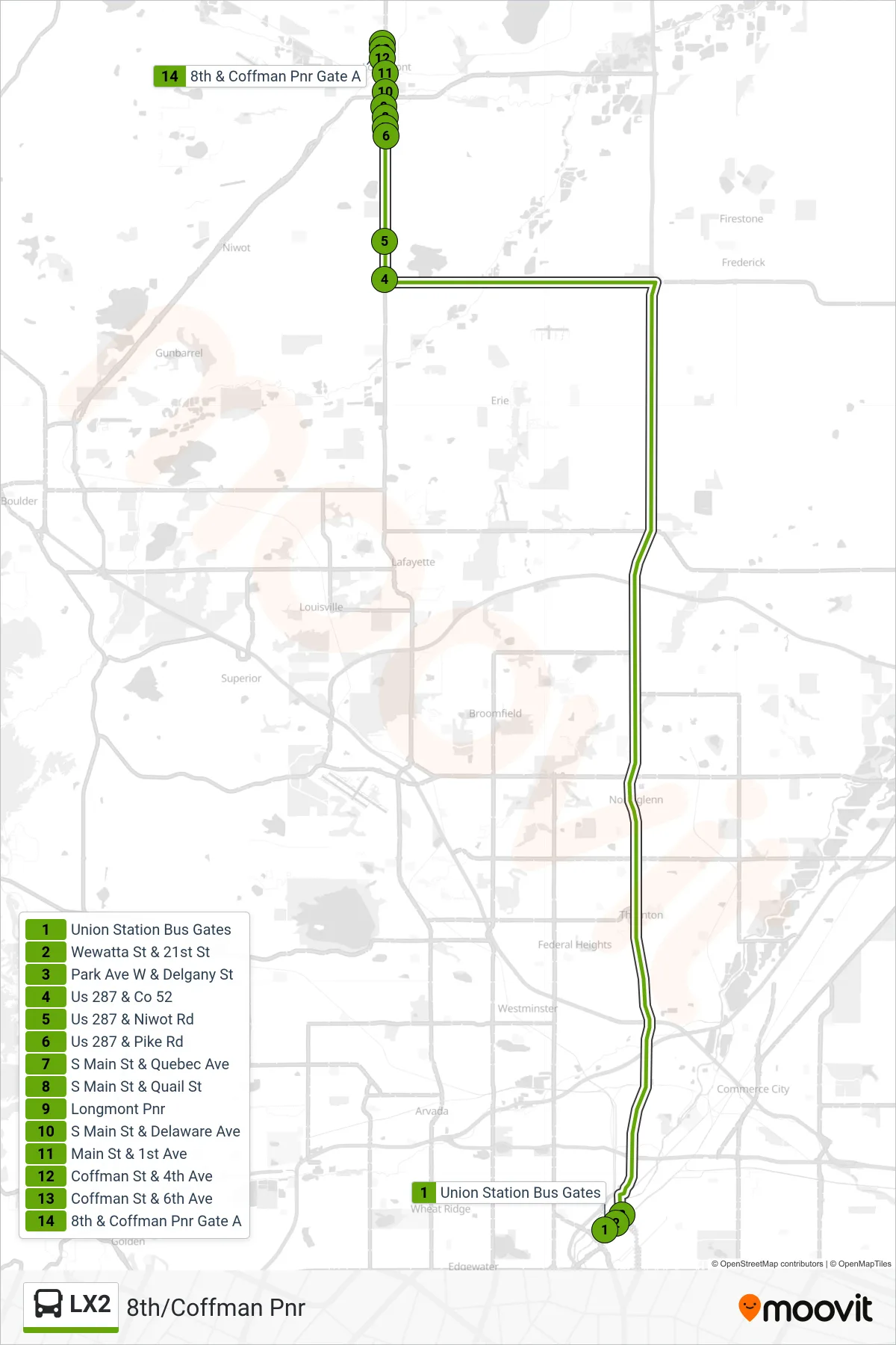 LX2 bus Line (8th/Coffman Pnr) route and stops on a map