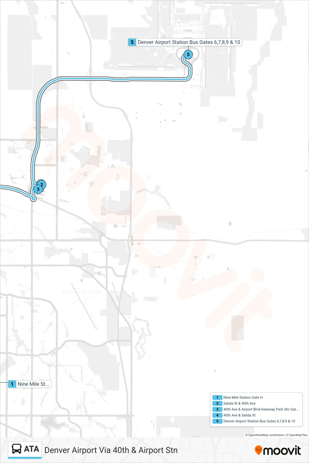 ATA bus Line (Denver Airport Via 40th & Airport Stn) route and stops on a map
