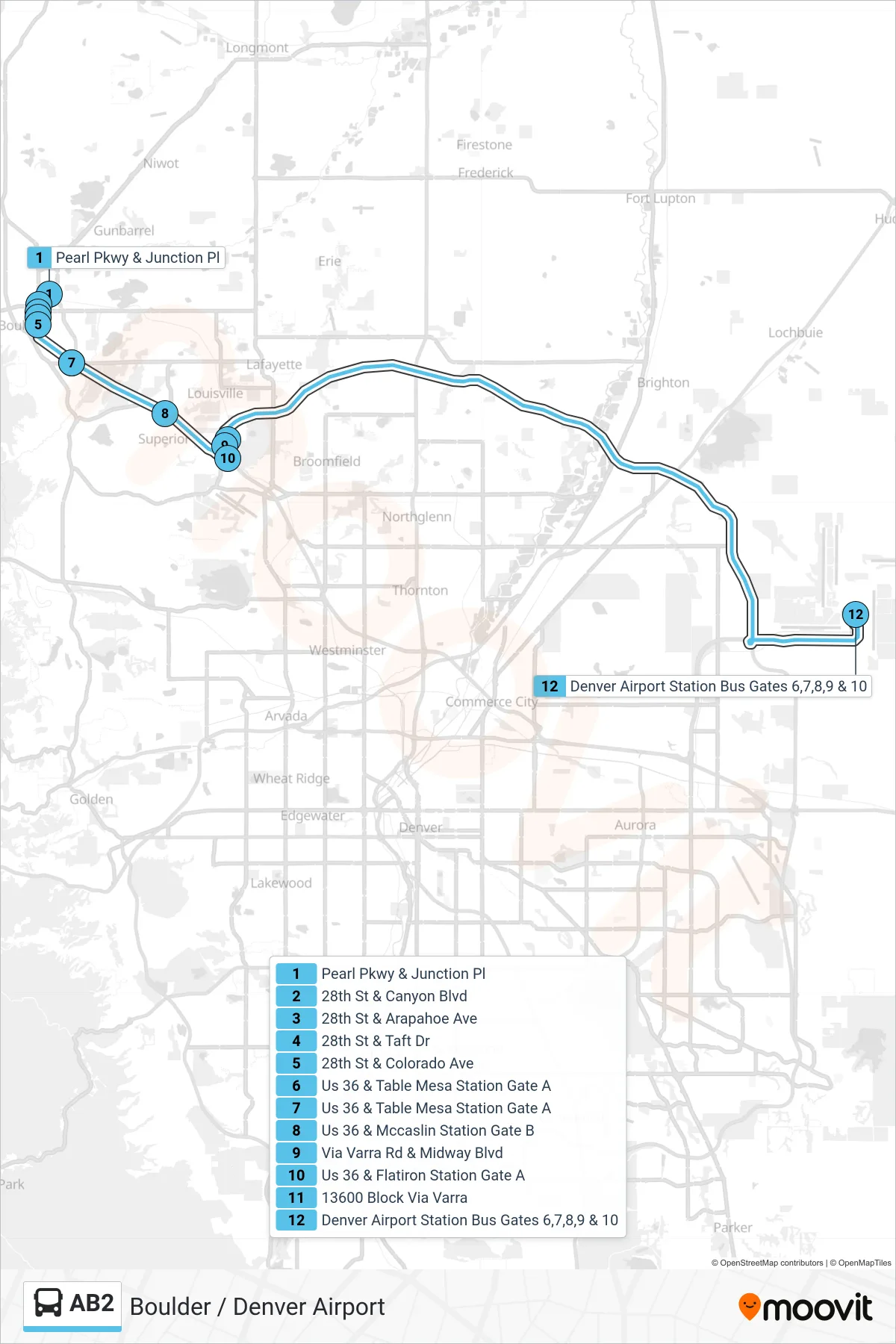AB2 bus Line (Denver Airport Via E-470) route and stops on a map