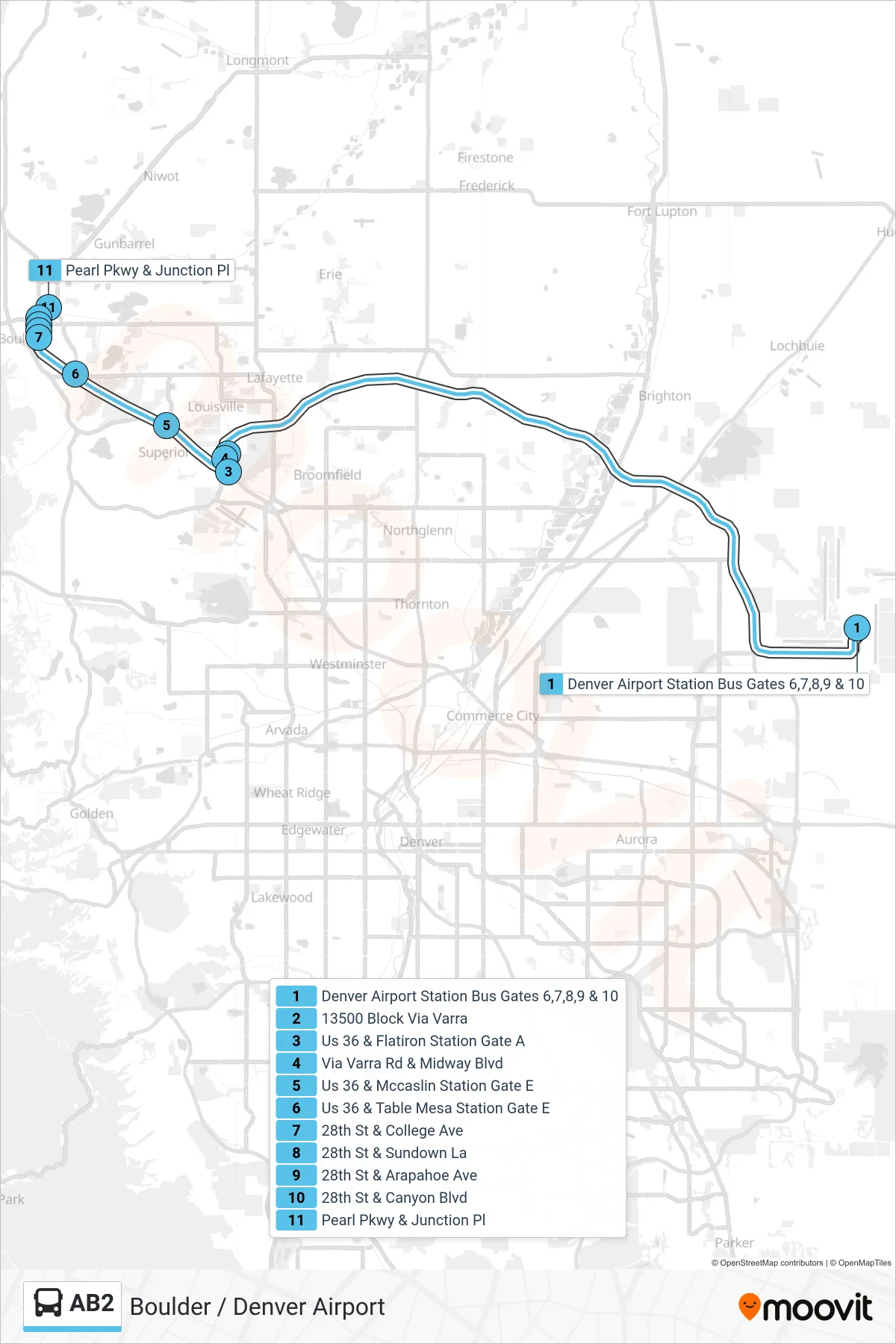 AB2 bus Line (Boulder Jct Via E-470) route and stops on a map
